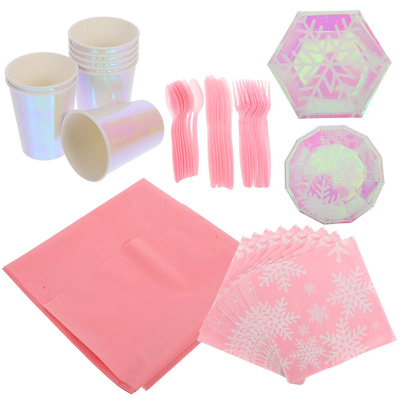 Disposable Party Supplies Snowflake Iridescent Paper Plates Cups Tablecloth Eco Friendly Winter Decorations for Birthday