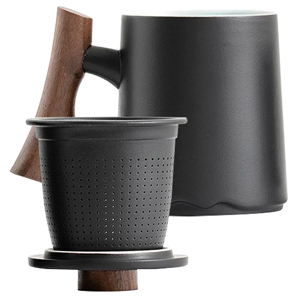 Premium 360ml White Ceramic Tea Coffee Wooden Handle Built in Filter Large Capacity Household Drinking Mug for Men Gift for Home