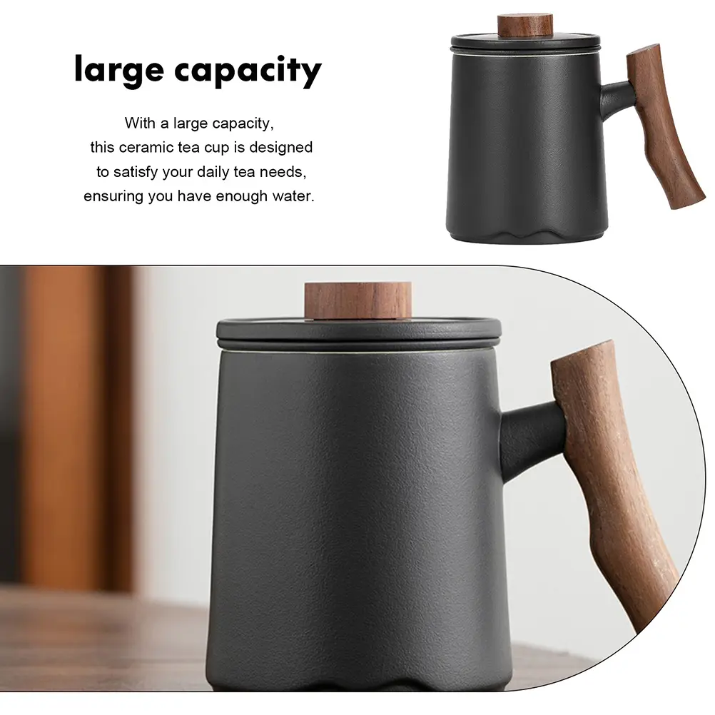 Premium 360ml White Ceramic Tea Coffee Wooden Handle Built in Filter Large Capacity Household Drinking Mug for Men Gift for Home