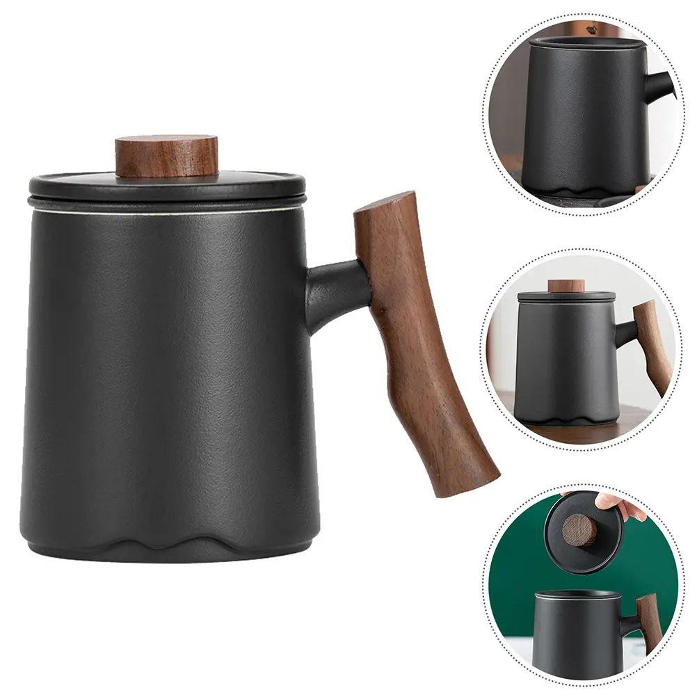 Premium 360ml White Ceramic Tea Coffee Wooden Handle Built in Filter Large Capacity Household Drinking Mug for Men Gift for Home