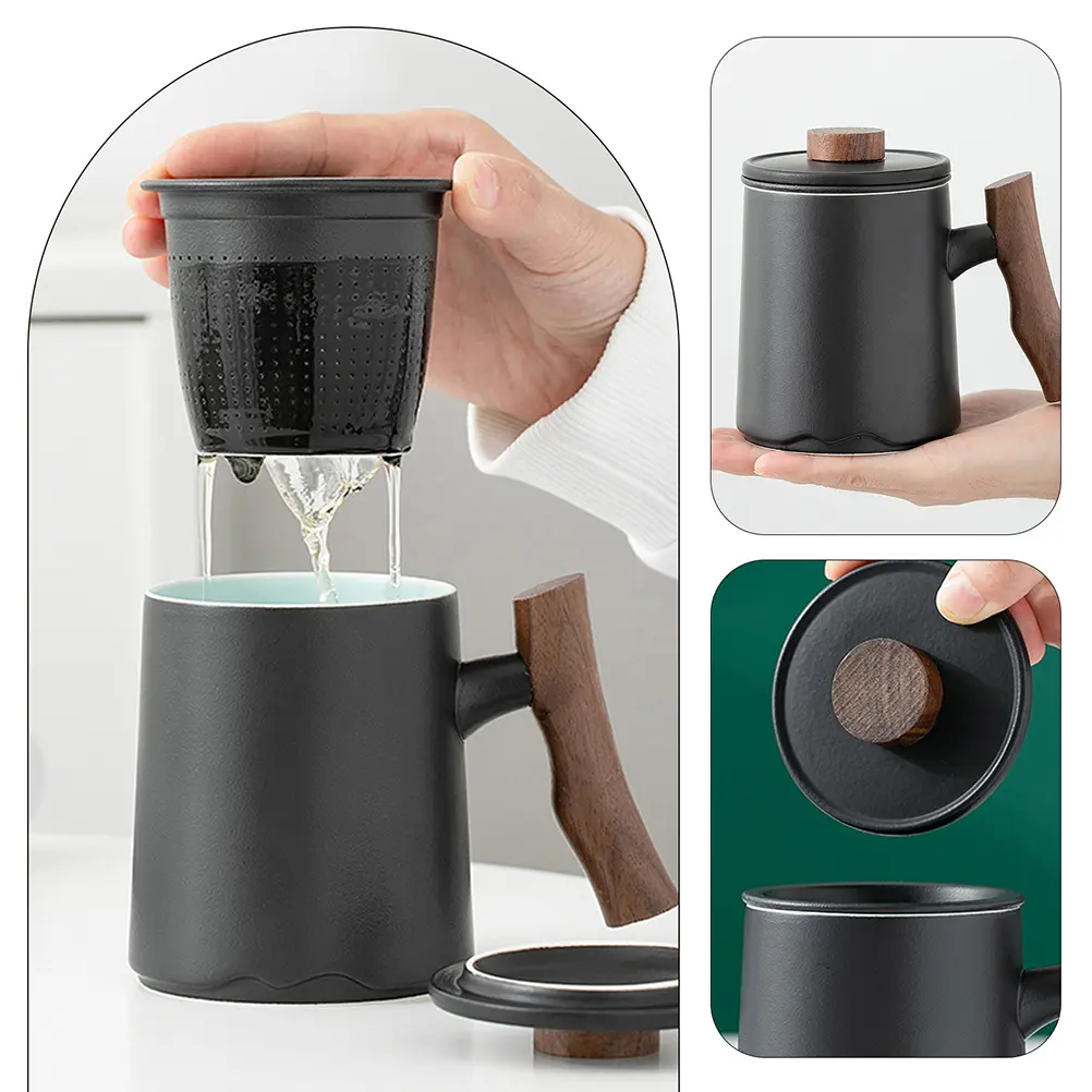 Premium 360ml White Ceramic Tea Coffee Wooden Handle Built in Filter Large Capacity Household Drinking Mug for Men Gift for Home