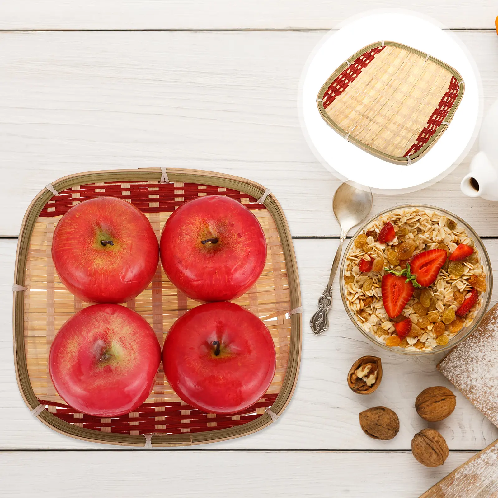 1pc Bamboo Woven Storage Baskets Lightweight Fruit Organizer Snacks Holder Compact Decorative Food Basket Square