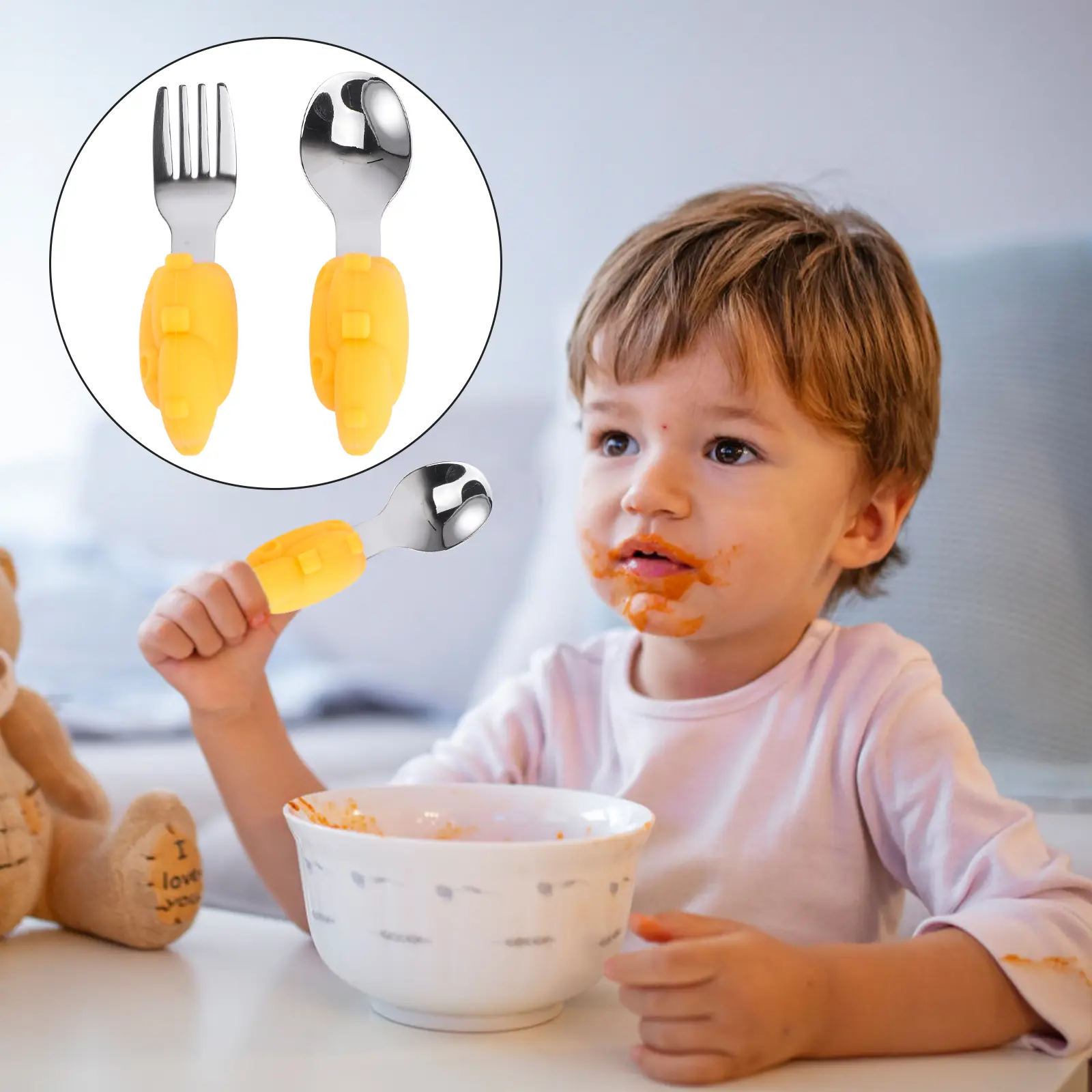 Silicone Baby Spoons Forks Short H Stainless Steel Learning Tableware Dinning Utensils Kids Training High Temp Resistance