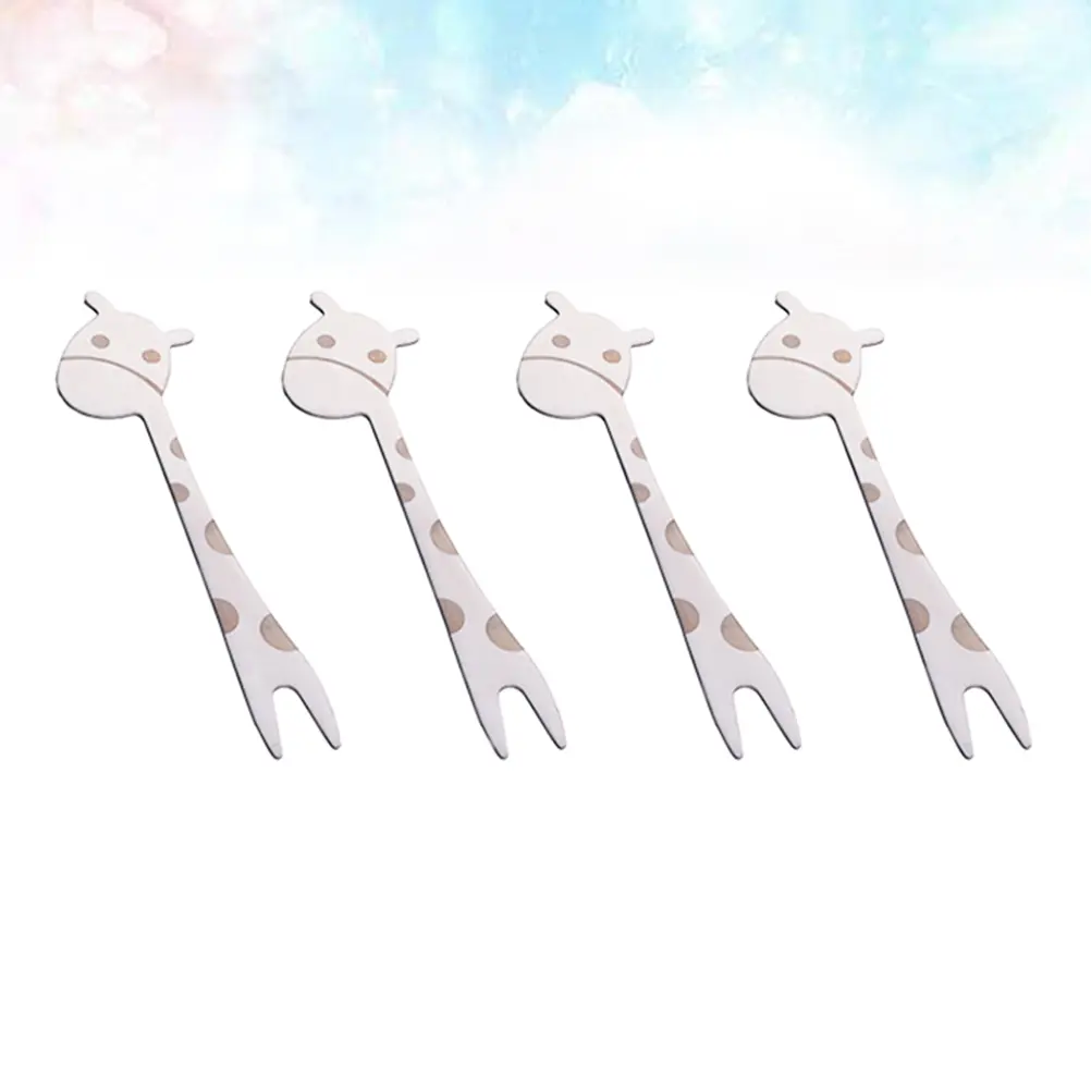 4pcs Stainless Steel Fruit Fork Cartoon Giraffe Pattern Fruit Forks Kids Party Supplies (Steel Color)