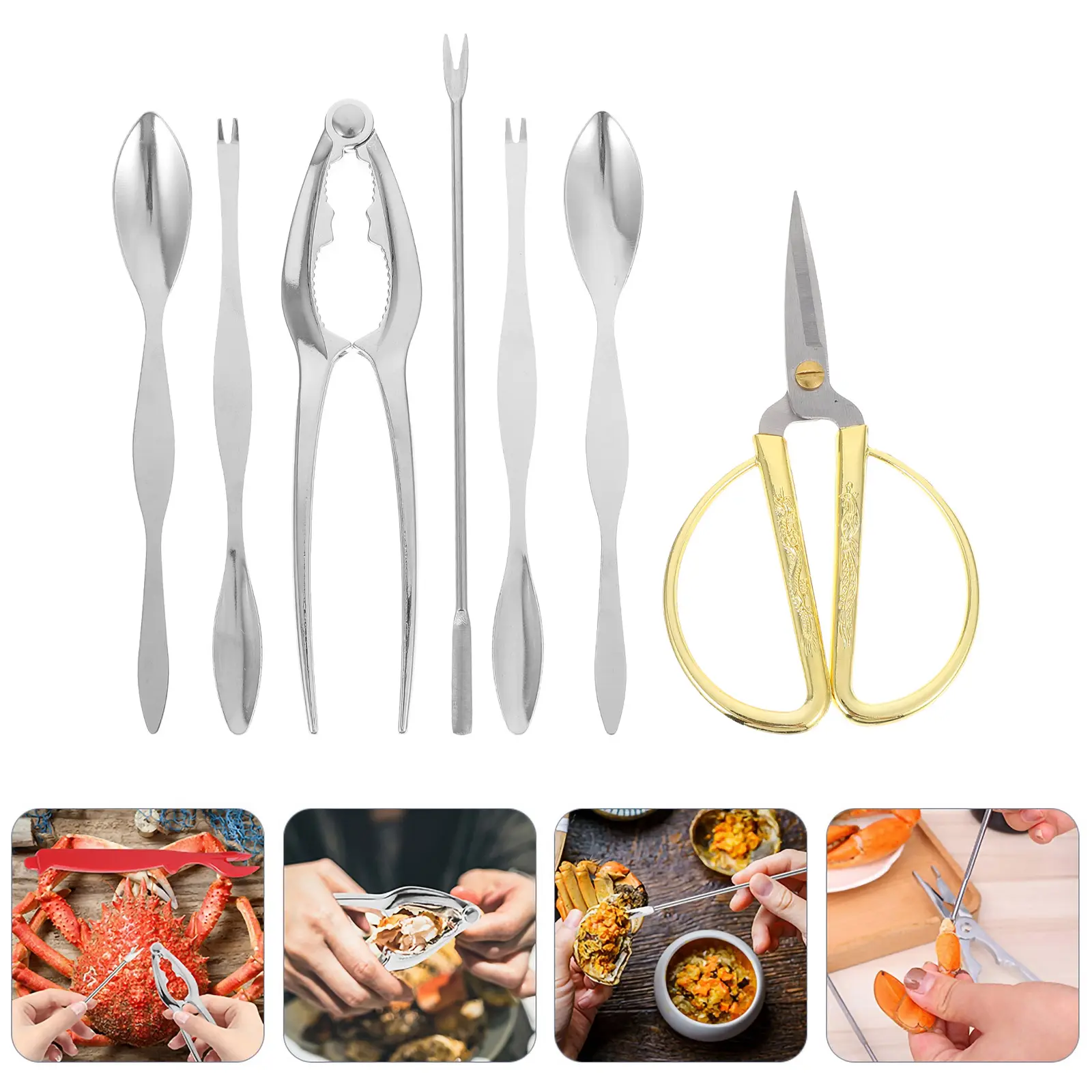 Crab Eating Tool Set Stainless Steel Zinc Alloy Kitchen Gadgets Hairy Leg Clamp Shear Scoop Pick Seafood Utensils Easy Clean Fun