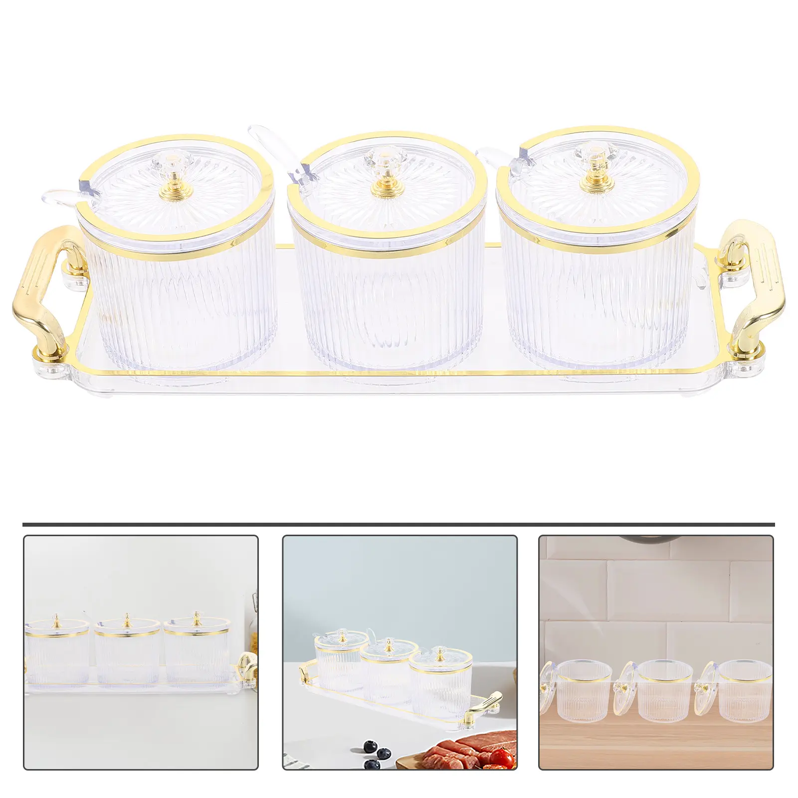 1 set Seasoning Jar Set Salt Sugar Containers Soy Sauce Vinegar Pepper Bottles Transparent Striped Design Kitchen Condiment