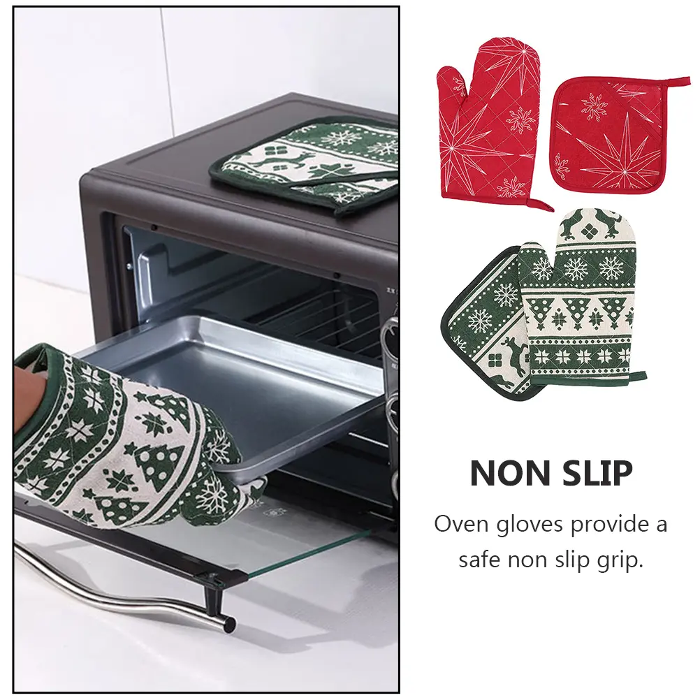 2 Sets Resistant Oven Gloves Insulation Pad Heat Resistant Oven Mitt Baking Mitts Kitchen Supplies Microwave Glove Christmas
