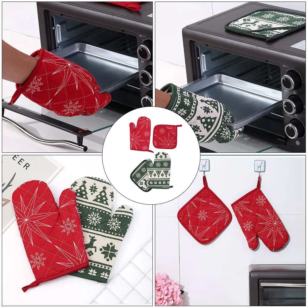 2 Sets Resistant Oven Gloves Insulation Pad Heat Resistant Oven Mitt Baking Mitts Kitchen Supplies Microwave Glove Christmas