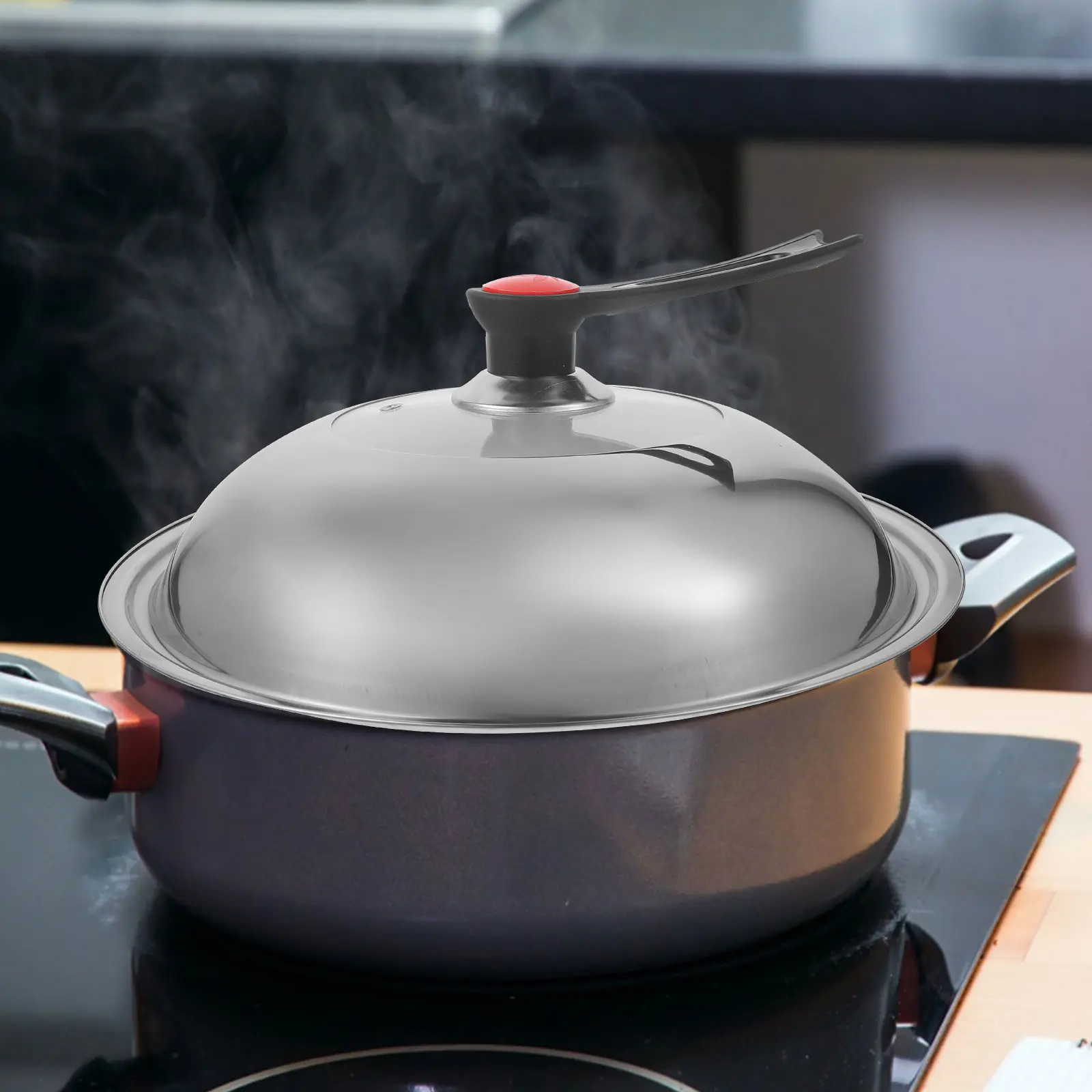 1pc Stainless Steel Lid 34cm Vertical Handle Heat Resistant Glass Cover for Steamer Lid Home Hotel Kitchen Cooking Supply