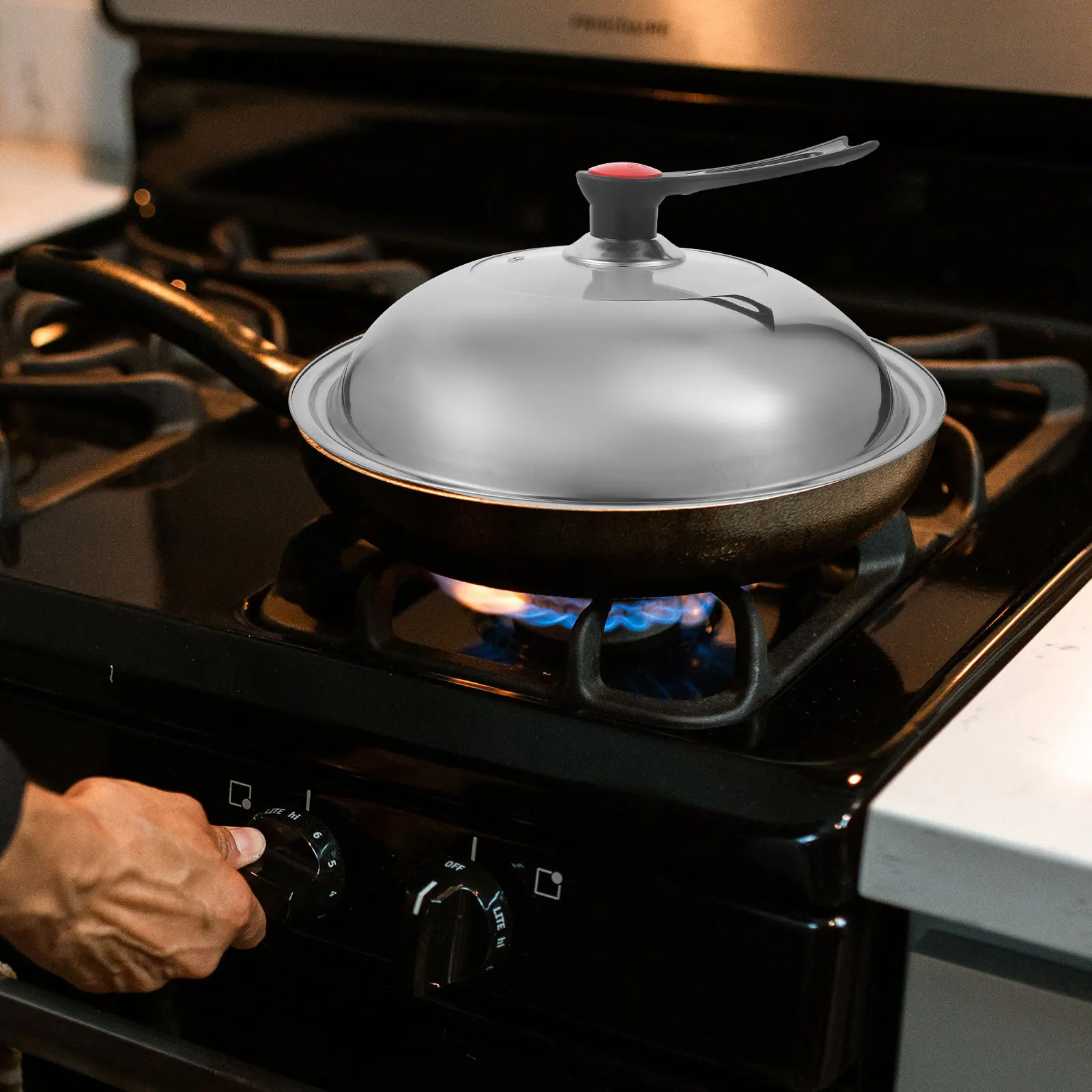 1pc Stainless Steel Lid 34cm Vertical Handle Heat Resistant Glass Cover for Steamer Lid Home Hotel Kitchen Cooking Supply