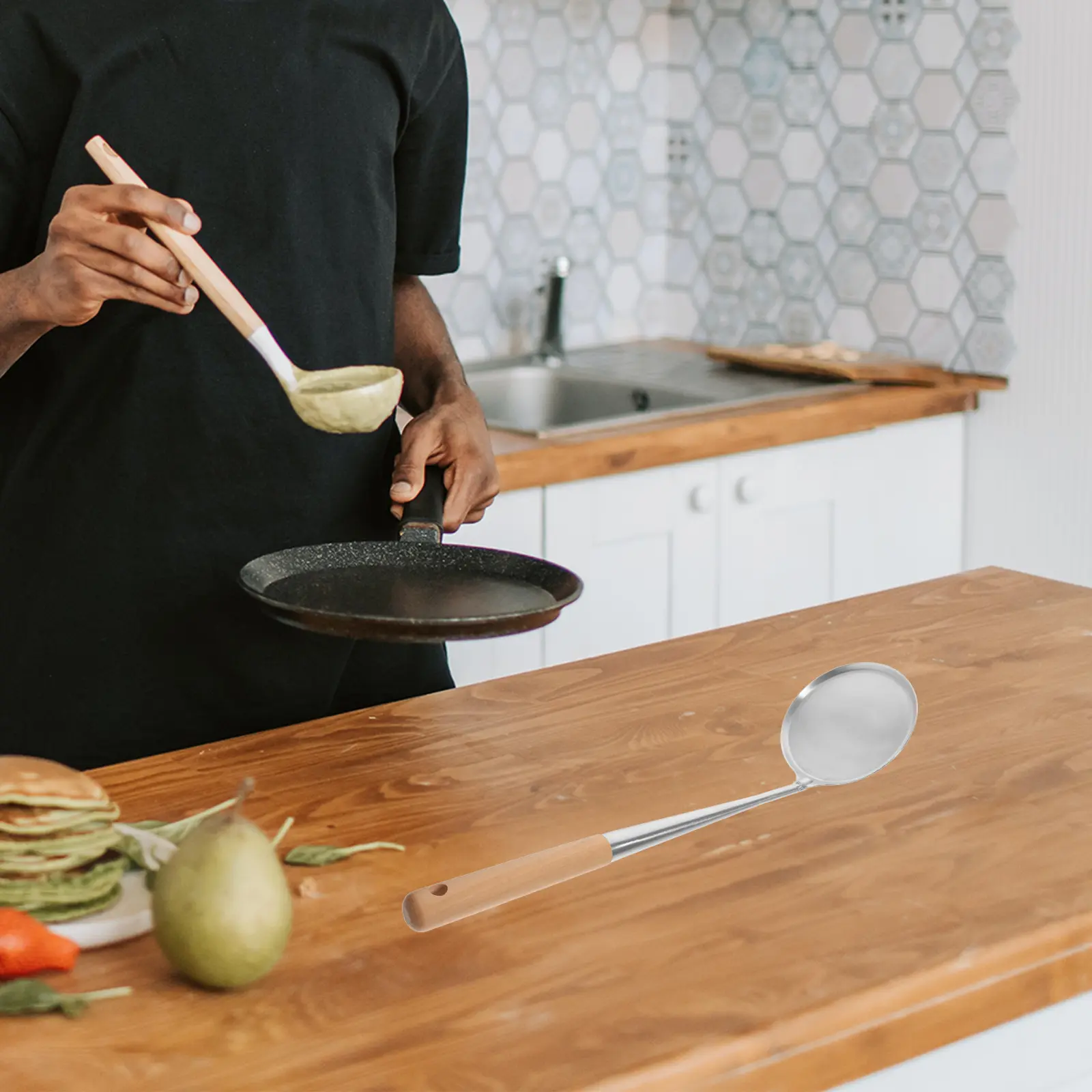Oil Cake Mold Nonstick Frying Spoon Kitchen Snack Tool Stainless Steel Wood Handle Cooking Accessories Practical Home
