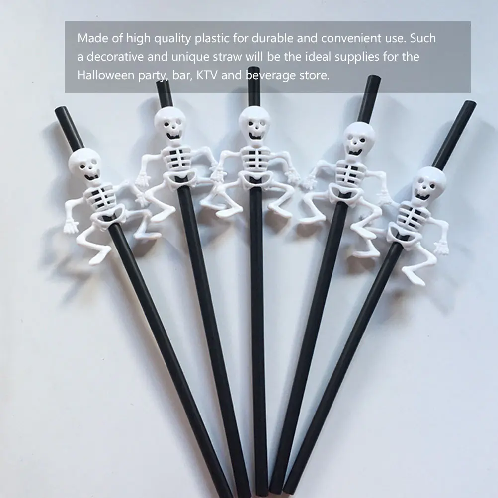 10 Pcs Halloween Straw Party Spooky Reusable Skull Designed Cover Cap Theme Straws Topper Black