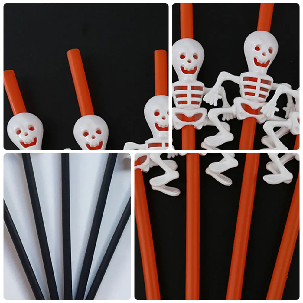 10 Pcs Halloween Straw Party Spooky Reusable Skull Designed Cover Cap Theme Straws Topper Black