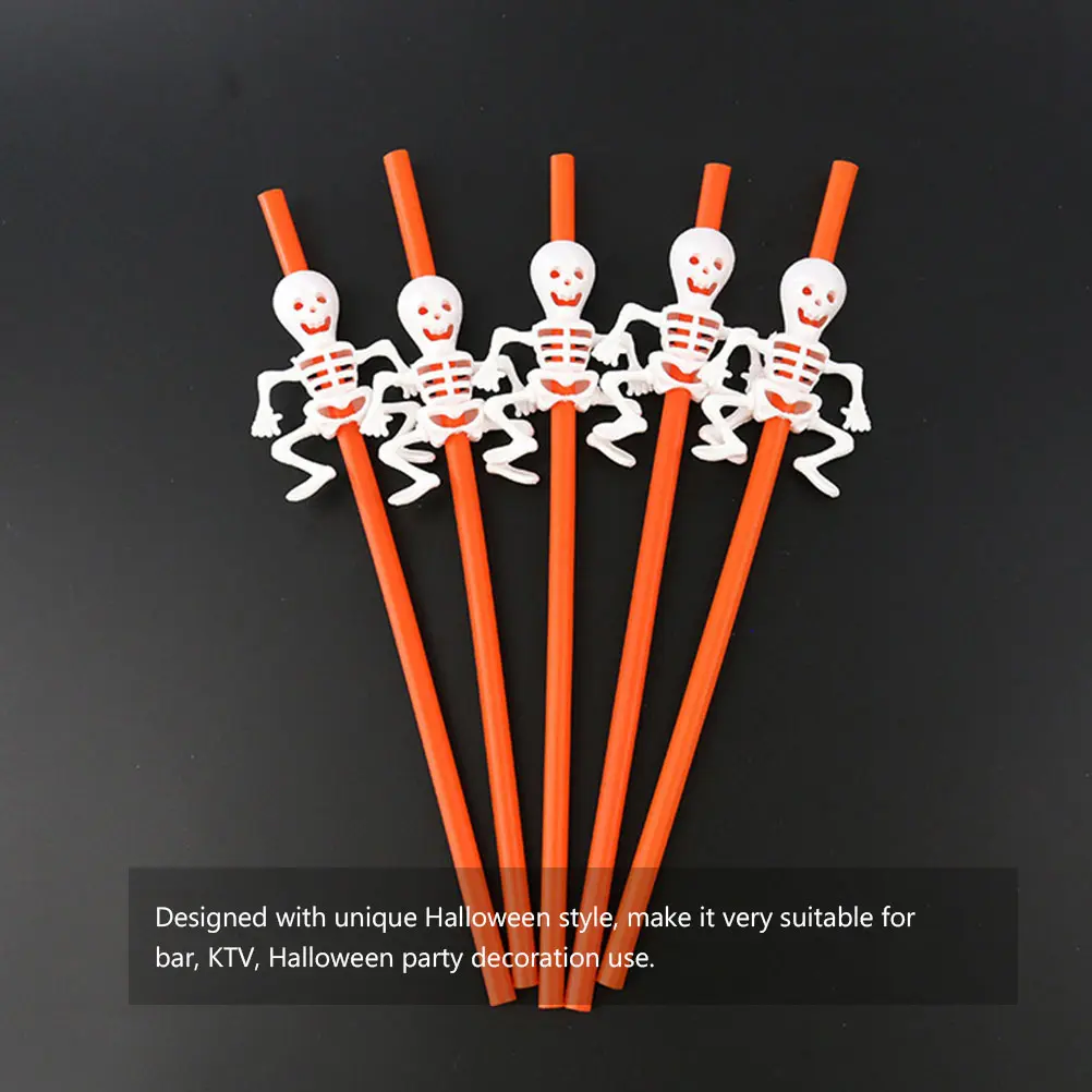 10 Pcs Halloween Straw Party Spooky Reusable Skull Designed Cover Cap Theme Straws Topper Black