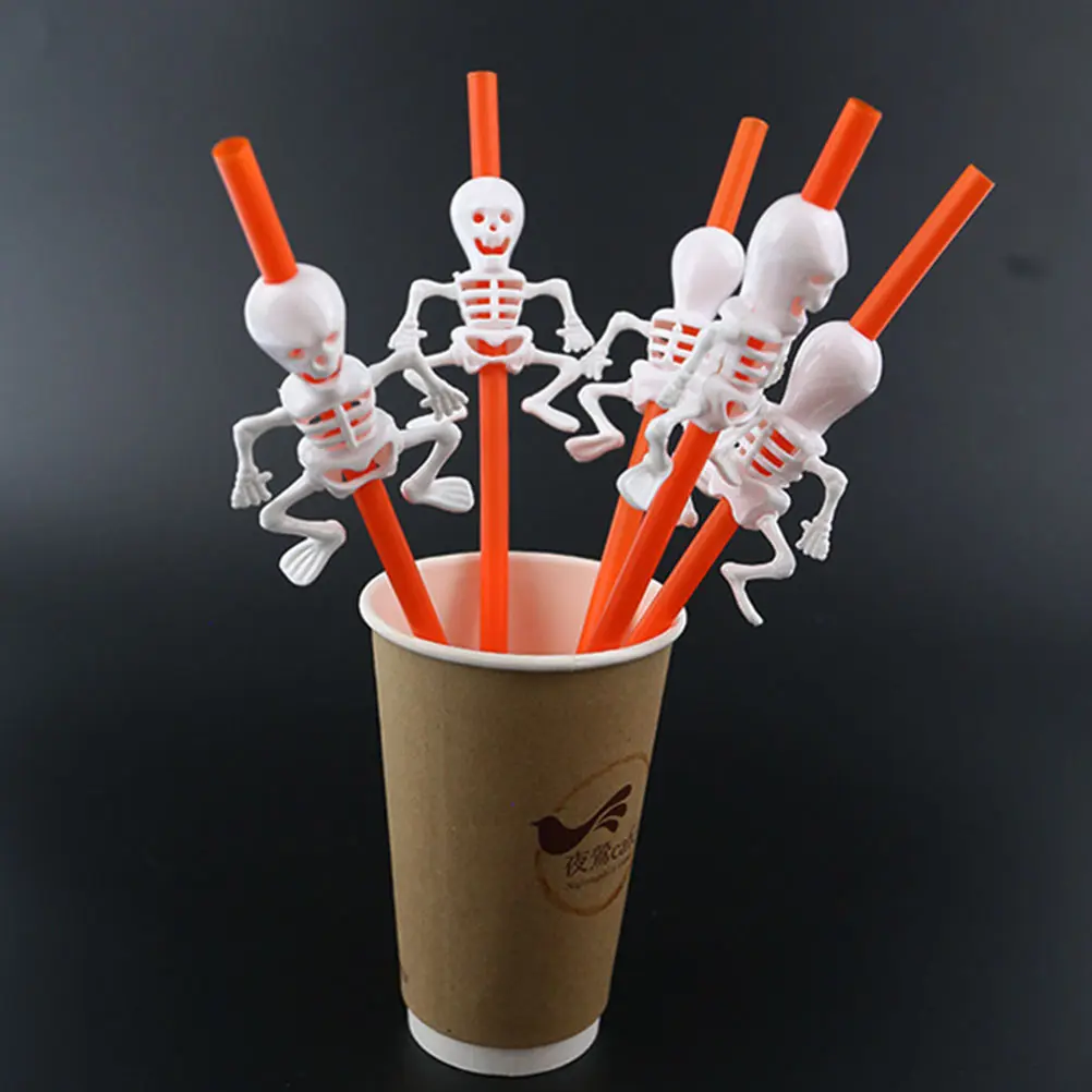 10 Pcs Halloween Straw Party Spooky Reusable Skull Designed Cover Cap Theme Straws Topper Black