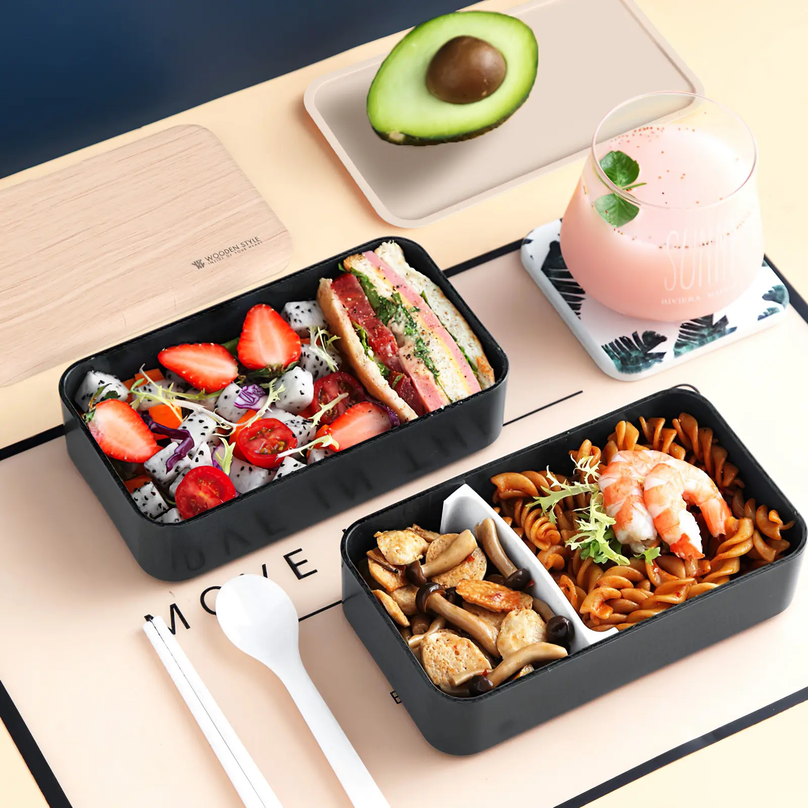 Double Layer Box Leak Proof Plastic Lunch Bento Black Wooden Food Container Plastic School Office Picnic Storage