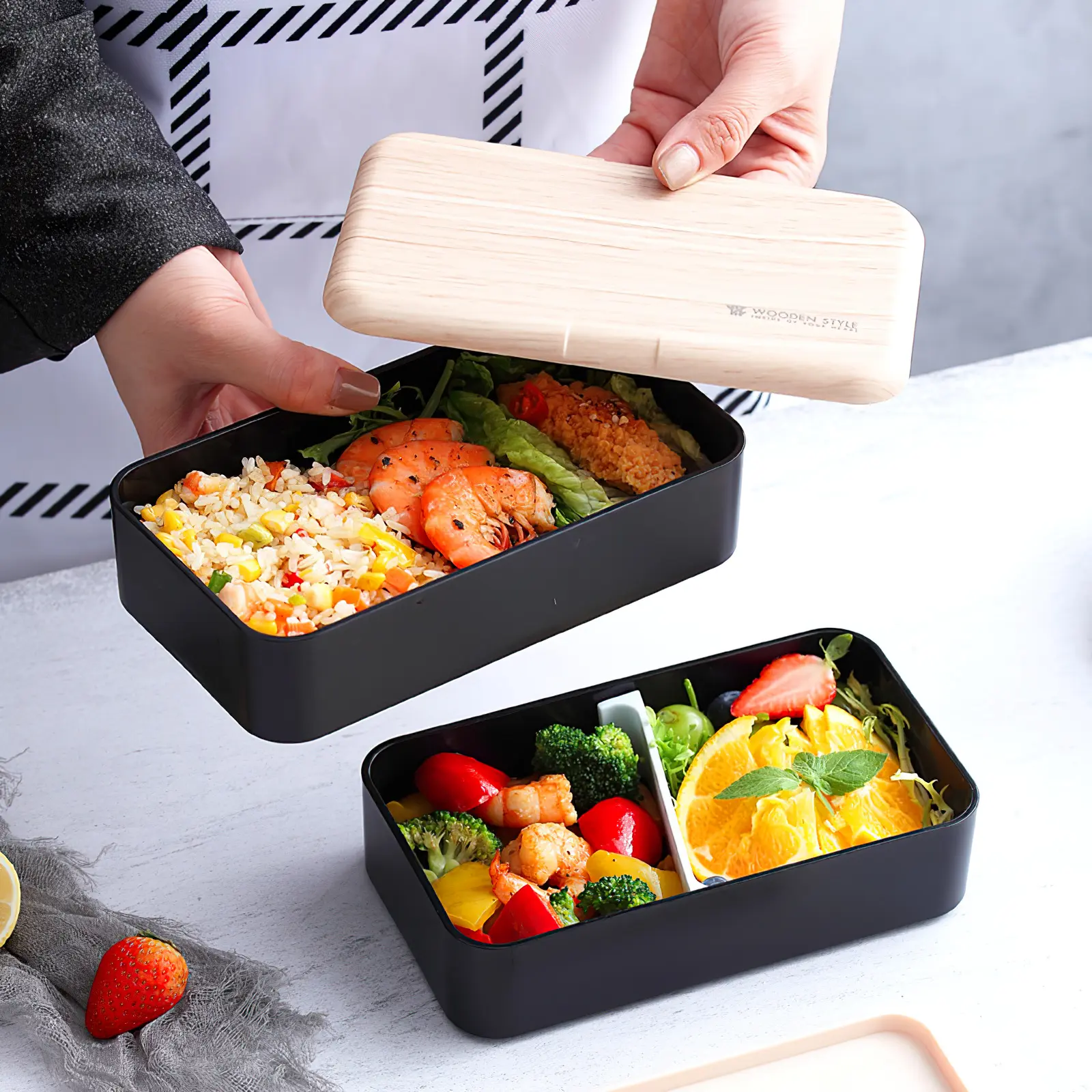 Double Layer Box Leak Proof Plastic Lunch Bento Black Wooden Food Container Plastic School Office Picnic Storage