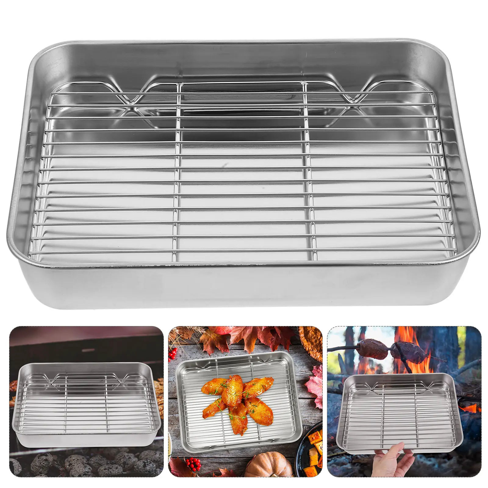 Rectangular Roasting Pan Set Stainless Steel Baking Pan Rack Small Oven Tray Roasting Pans for Ovens BBQ Cooling