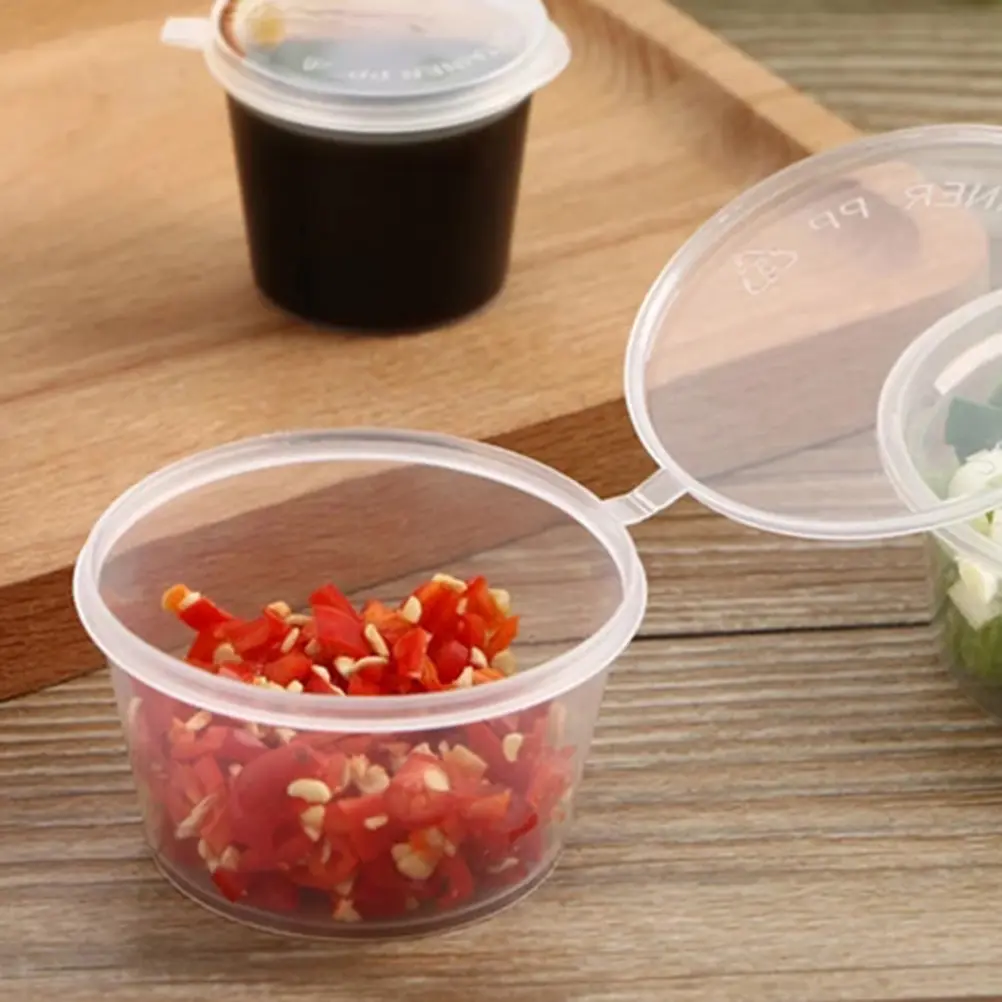 100pcs Plastic Sauce Cups Lids Dome Containers Pudding Yogurt Condiments Disposable Portion Leakproof Food Storage 120ml 200ml