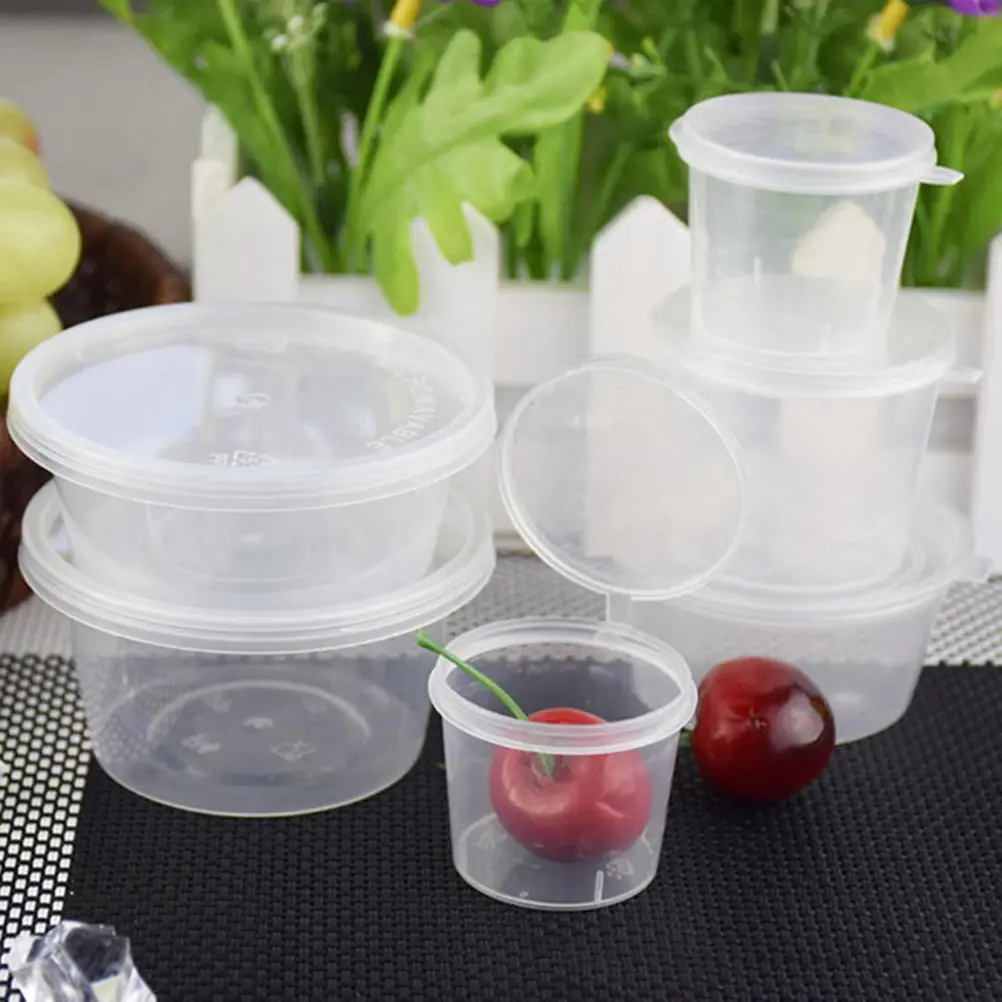100pcs Plastic Sauce Cups Lids Dome Containers Pudding Yogurt Condiments Disposable Portion Leakproof Food Storage 120ml 200ml