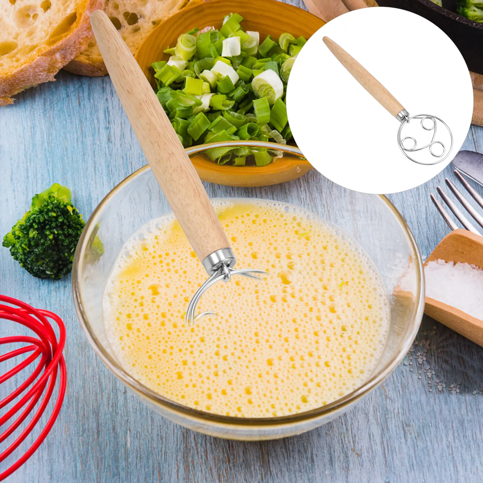 Oak Handle Stirring Rod Flour Mixer Bread Maker Kitchen Gadgets Pastry Tools Eggbeater Wood Stainless Steel Cake Pancake