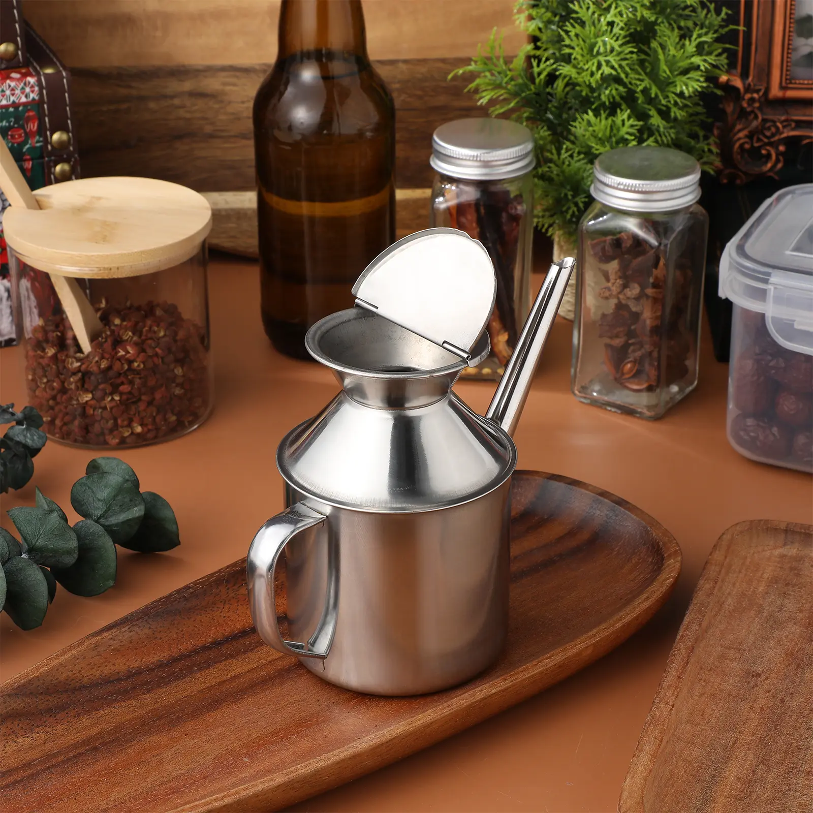 Stainless Steel Oil Pot Dispenser Bottle Large Size Precise Pour Olive Oil Container Kitchen Tool Grease Saver Storage