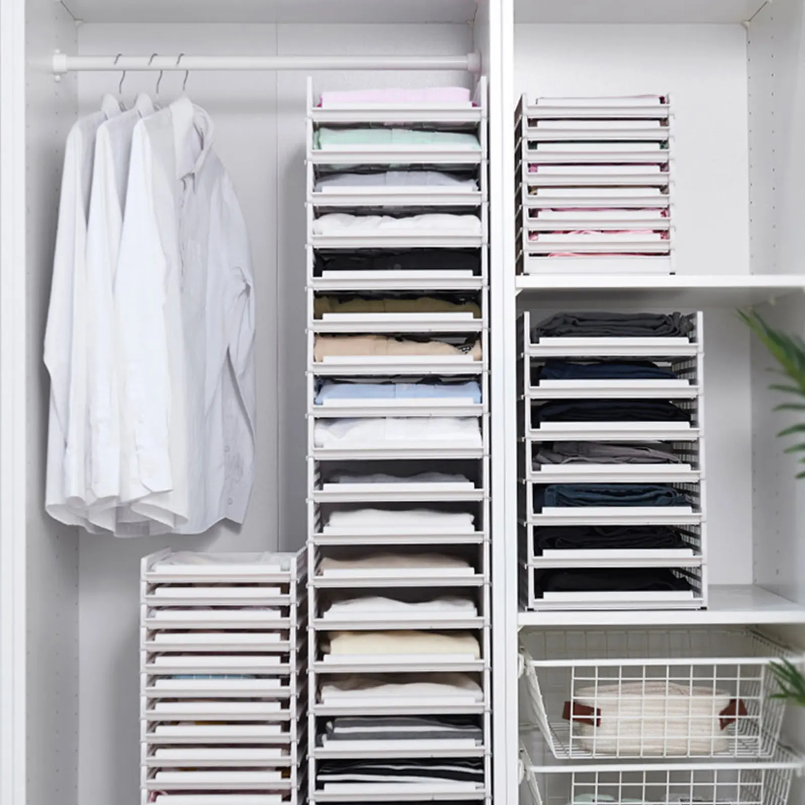 2Pcs Plastic Storage Bins Closet ganizer White Cover Shelf Dividers Clothes Rack Stacking Bin Home Wardrobe Solutions