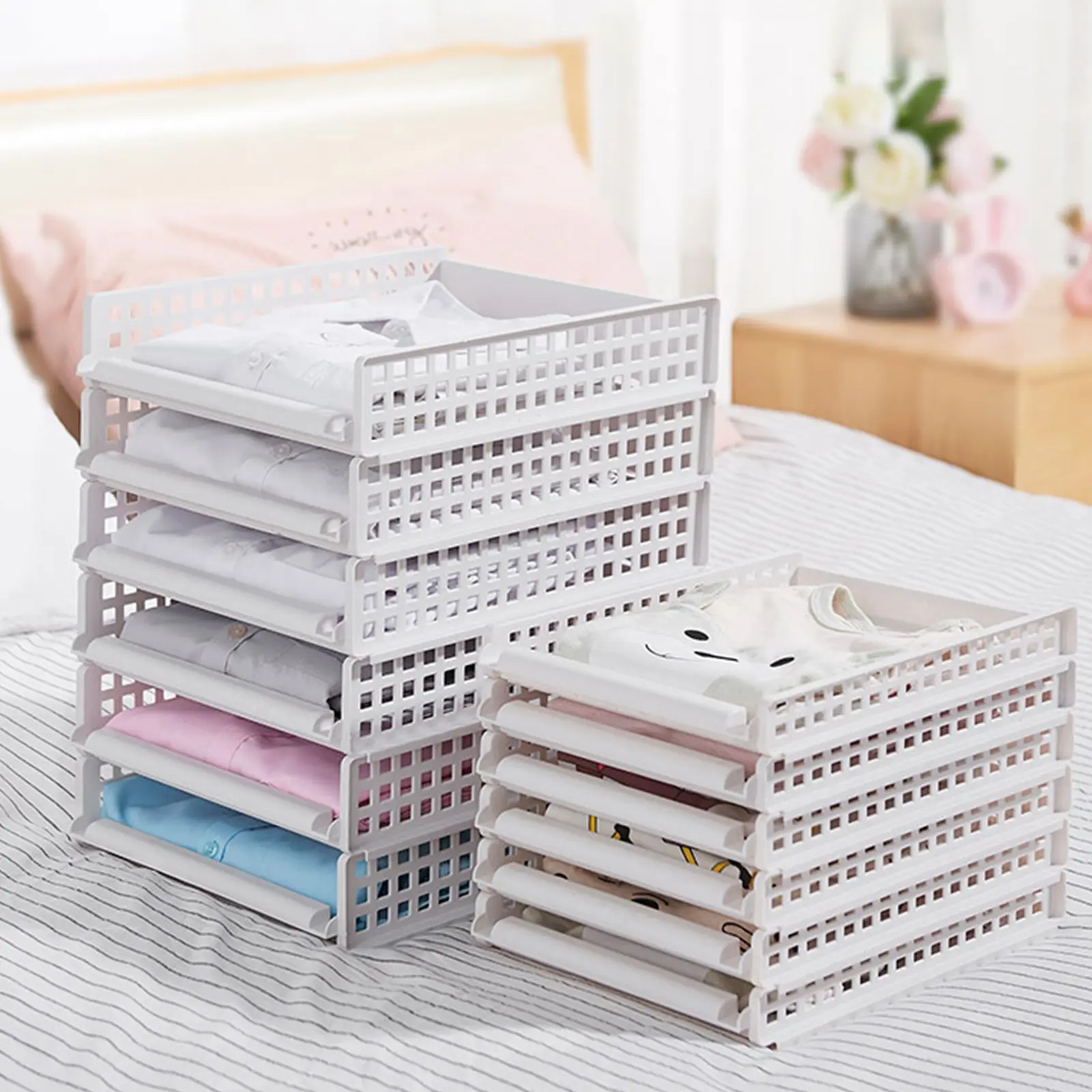 2Pcs Plastic Storage Bins Closet ganizer White Cover Shelf Dividers Clothes Rack Stacking Bin Home Wardrobe Solutions