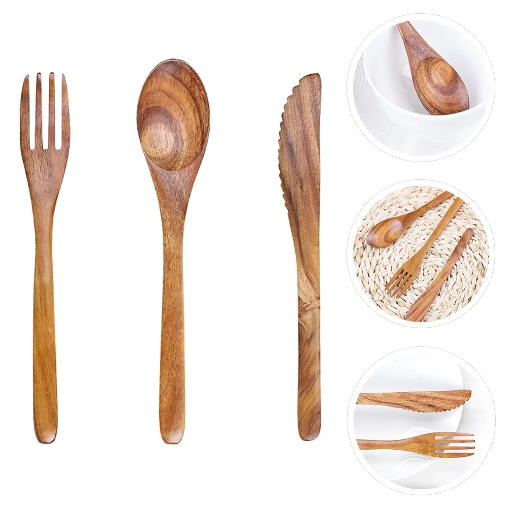 1 set Wooden Cutlery Set Reusable Eco-Friendly Portable Tableware For Picnic Barbecue Party School Lunch Pudding Spoon Dessert