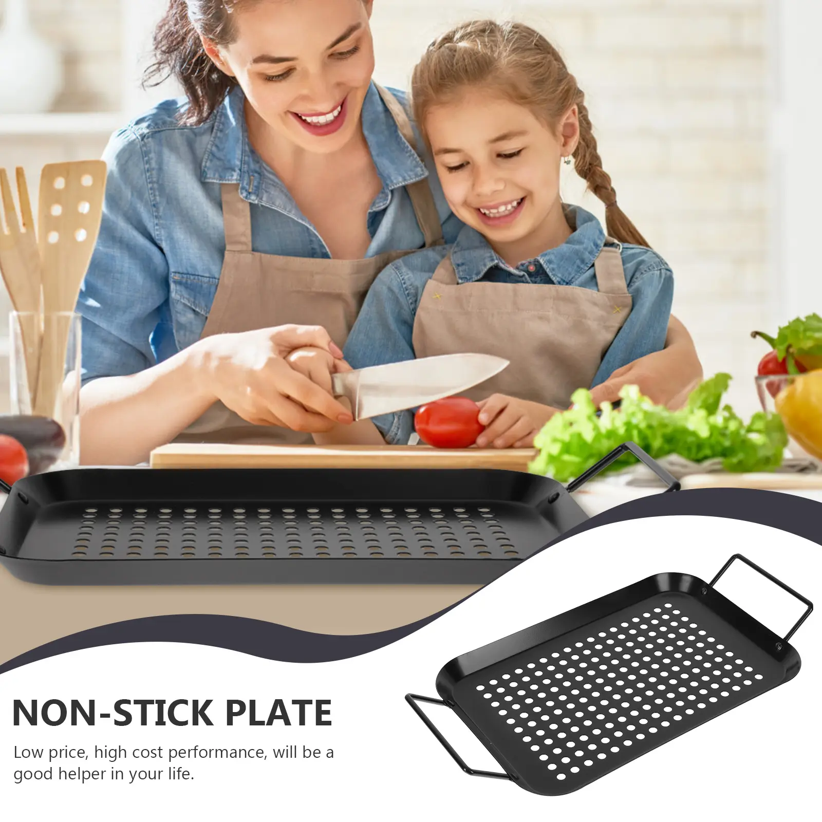 1pc Non-Stick Bbq Grill Pan Durable Stainless Steel Roasting Plate For Home Barbecue Outdoor Cooking Grilling Tool Large Family