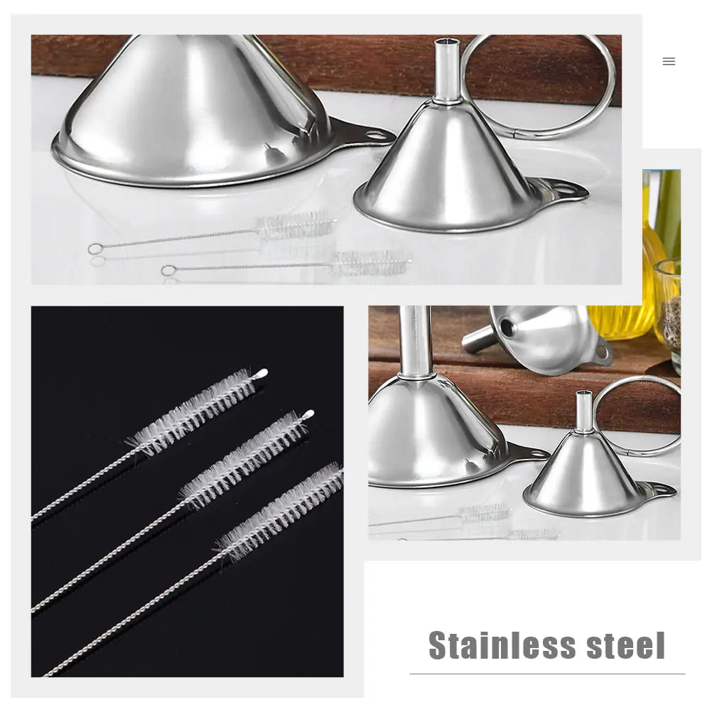 Brush Funnel Set Kitchen Tools Oil Funnels Filter Cleaning Dispensing Plastic Liquid Container Bottle Stainless Steel Safe