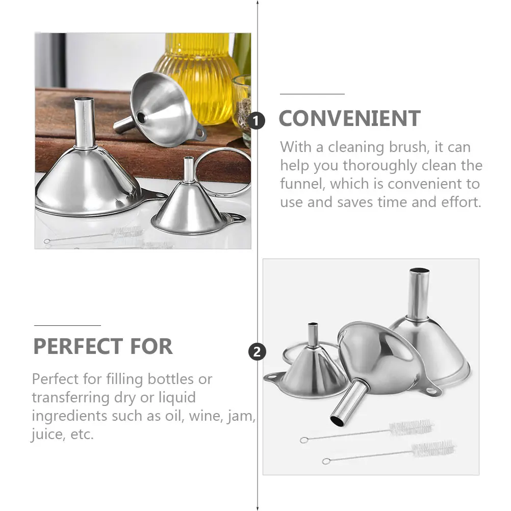 Brush Funnel Set Kitchen Tools Oil Funnels Filter Cleaning Dispensing Plastic Liquid Container Bottle Stainless Steel Safe