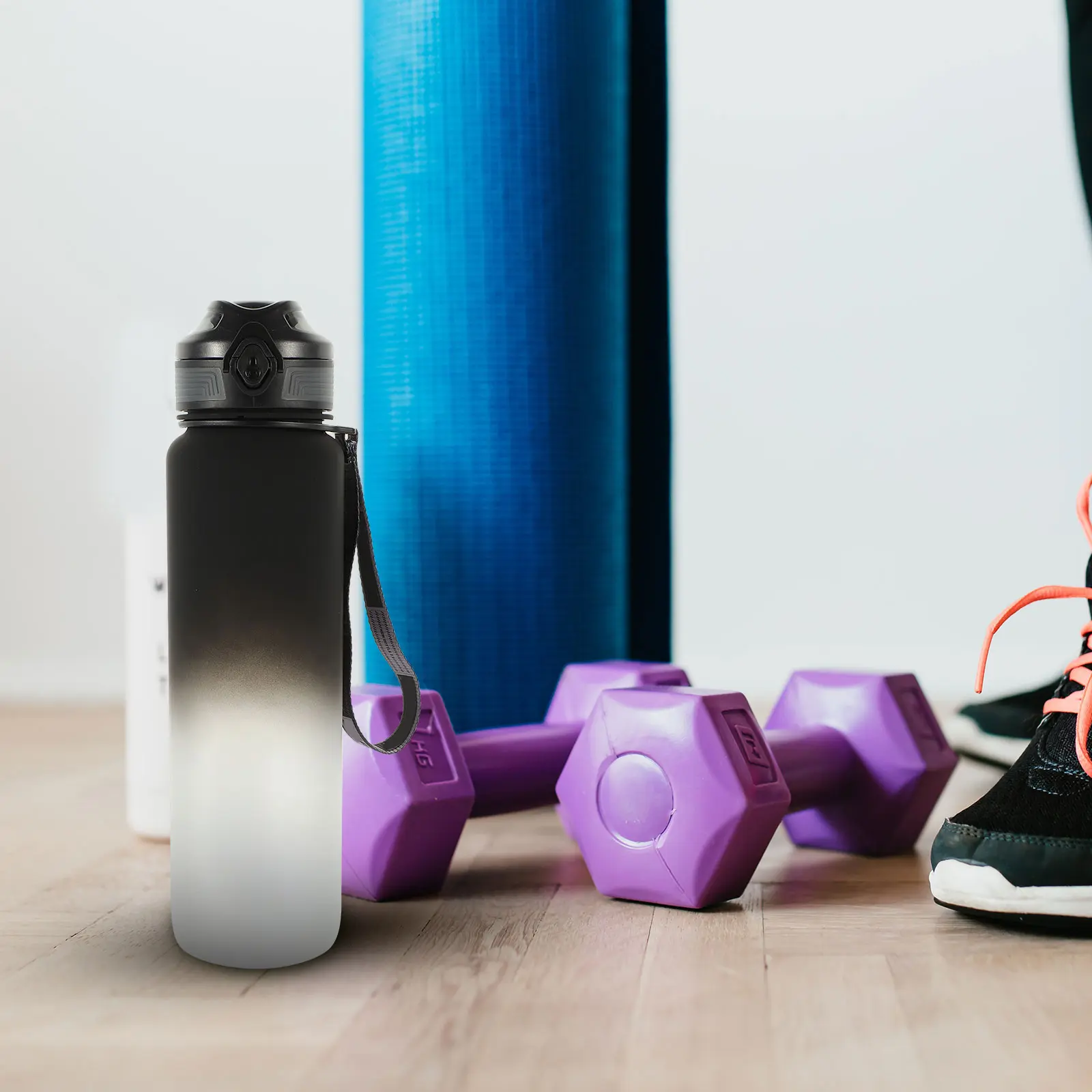 Leak Proof Sports Water Bottle Large Capacity Outdoor Portable Black Gradient Impact Resistant Strap Non Cover