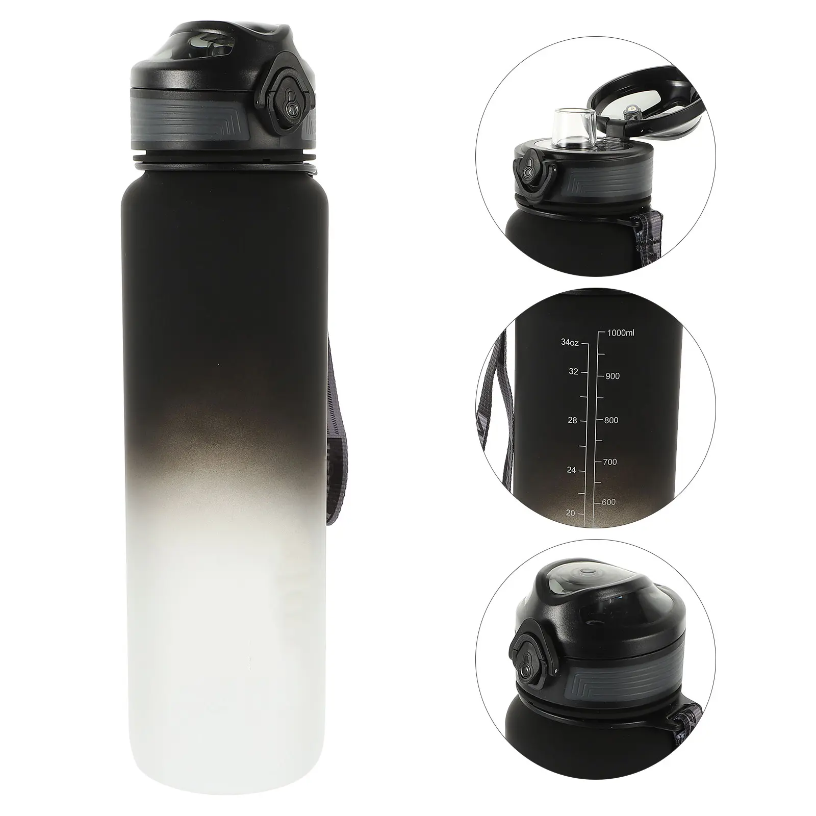 Leak Proof Sports Water Bottle Large Capacity Outdoor Portable Black Gradient Impact Resistant Strap Non Cover