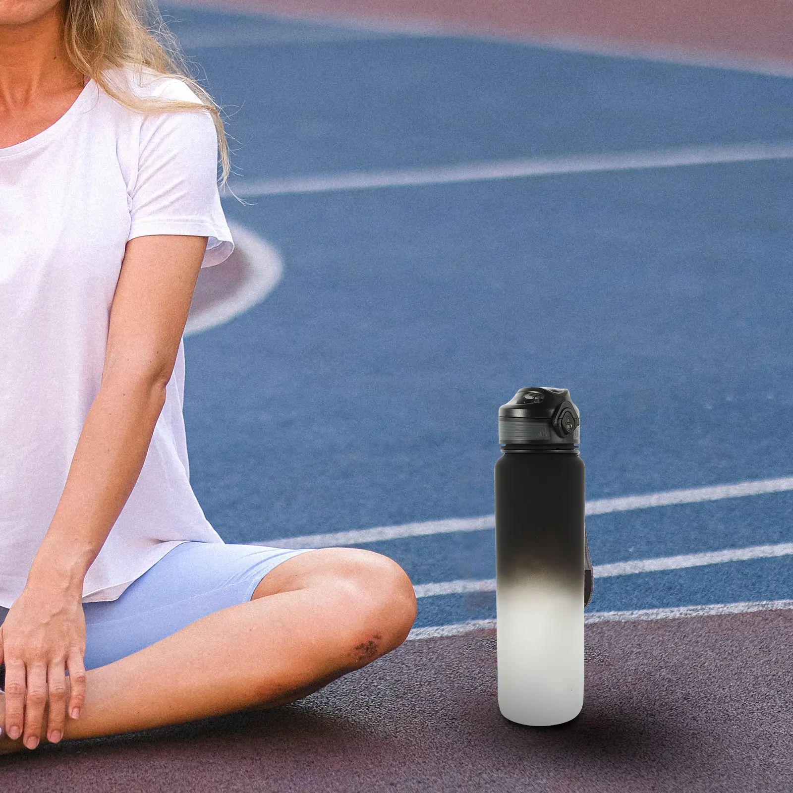Leak Proof Sports Water Bottle Large Capacity Outdoor Portable Black Gradient Impact Resistant Strap Non Cover