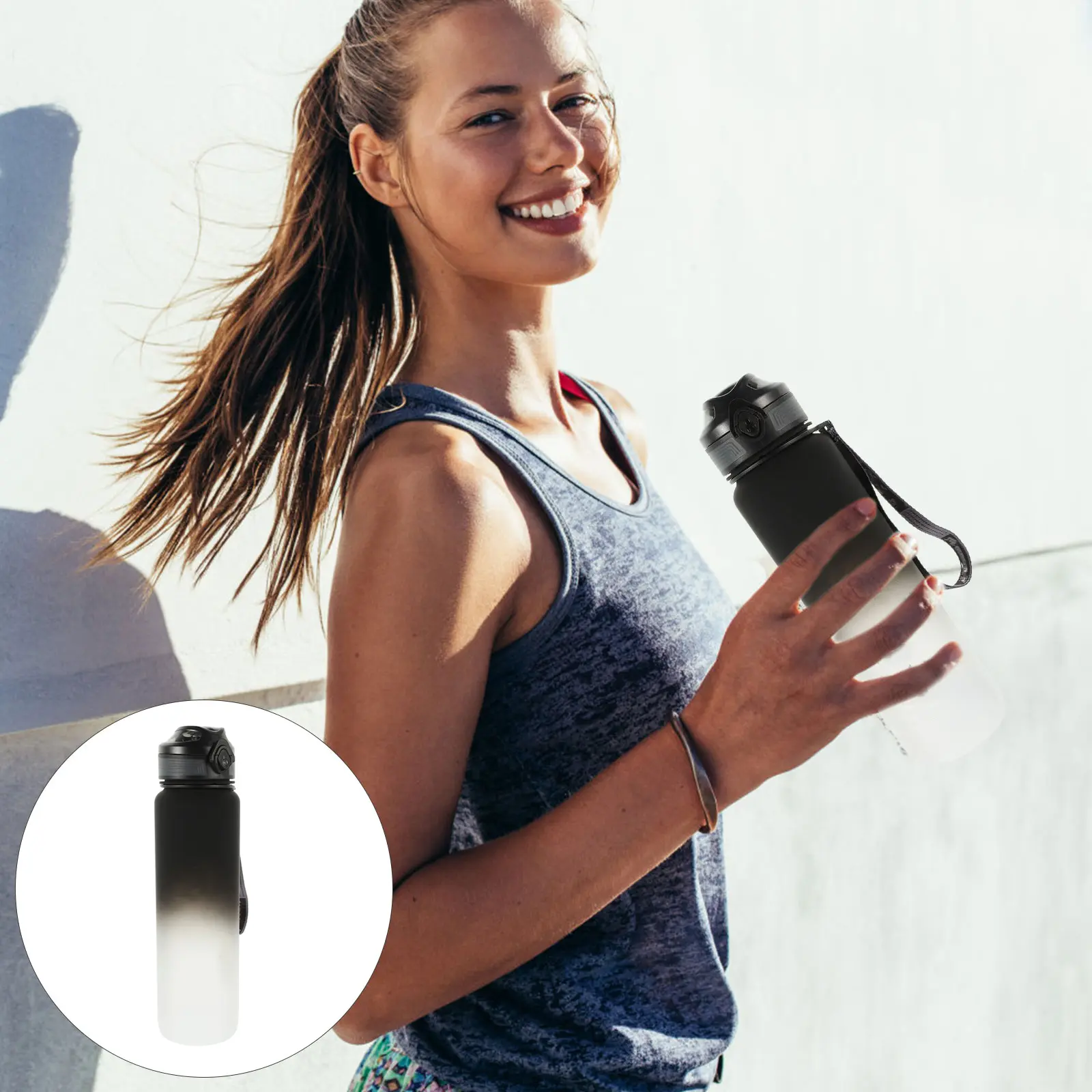 Leak Proof Sports Water Bottle Large Capacity Outdoor Portable Black Gradient Impact Resistant Strap Non Cover