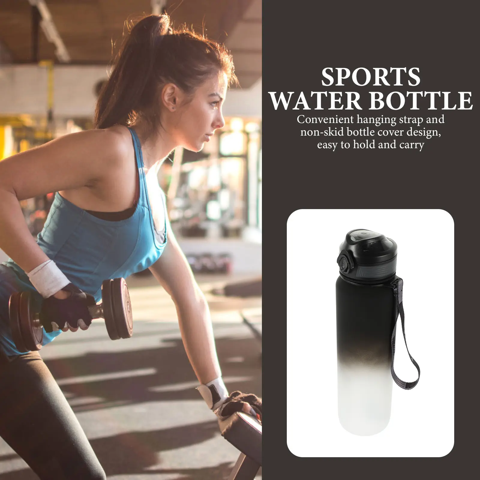 Leak Proof Sports Water Bottle Large Capacity Outdoor Portable Black Gradient Impact Resistant Strap Non Cover