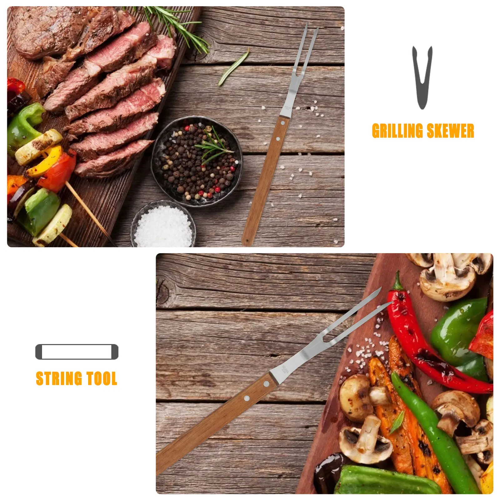 2pcs Stainless Steel Meat Forks BBQ Accessories Wooden H Grilling Kebabs Outdoor Picnic Home Barbecue Skewers Kitchen Bar