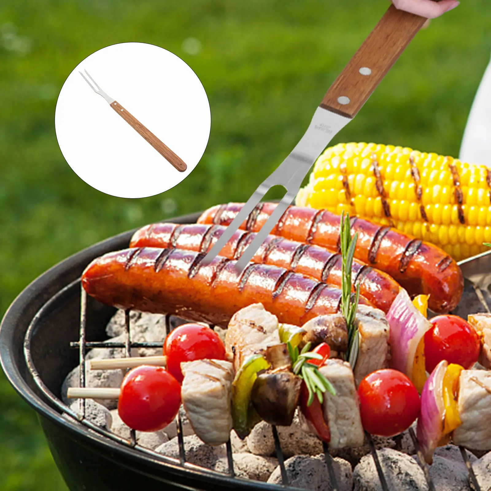 2pcs Stainless Steel Meat Forks BBQ Accessories Wooden H Grilling Kebabs Outdoor Picnic Home Barbecue Skewers Kitchen Bar