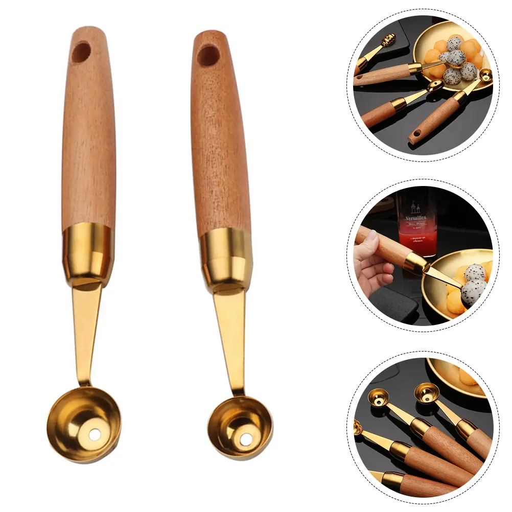 2pcs Fruit Digging Scoop Wood Handle Kitchen Gadget Corrosion Resistant Easy Clean Smooth Surface Home Restaurant Use