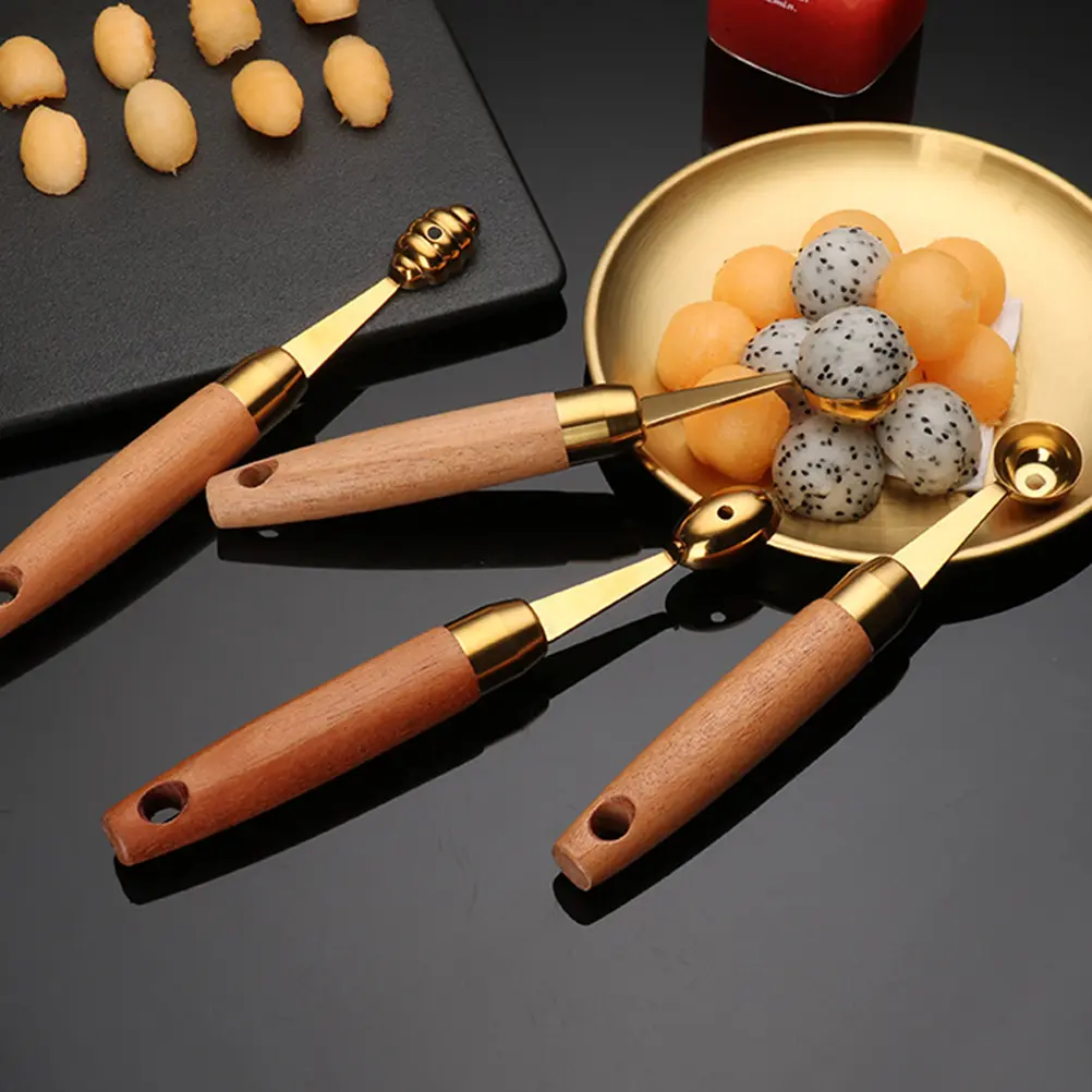 2pcs Fruit Digging Scoop Wood Handle Kitchen Gadget Corrosion Resistant Easy Clean Smooth Surface Home Restaurant Use
