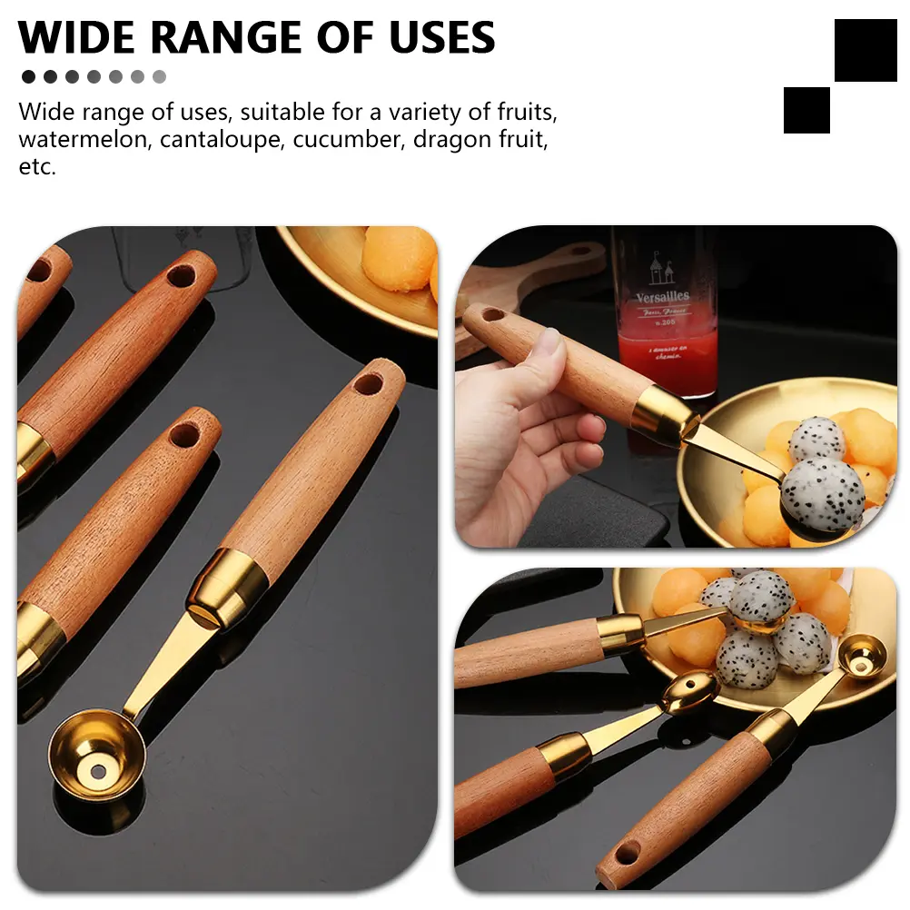 2pcs Fruit Digging Scoop Wood Handle Kitchen Gadget Corrosion Resistant Easy Clean Smooth Surface Home Restaurant Use
