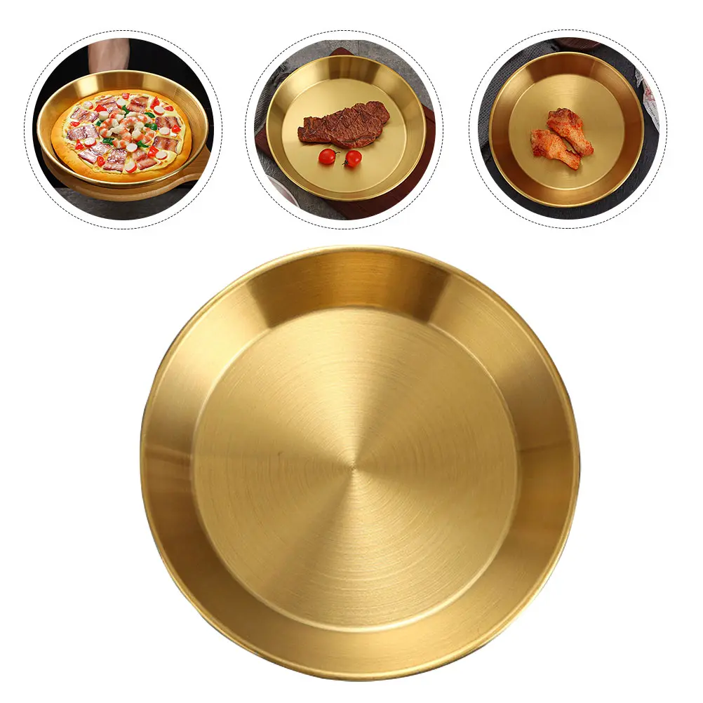 Stainless Steel Pizza Pan Dinner Plates Food Dish Serving Large Round Golden Pate Child Storage Easy Clean