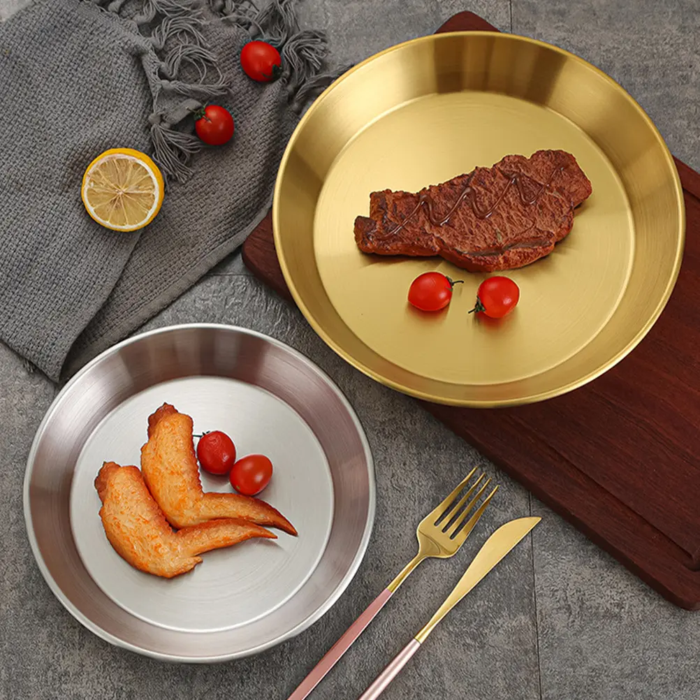 Stainless Steel Pizza Pan Dinner Plates Food Dish Serving Large Round Golden Pate Child Storage Easy Clean