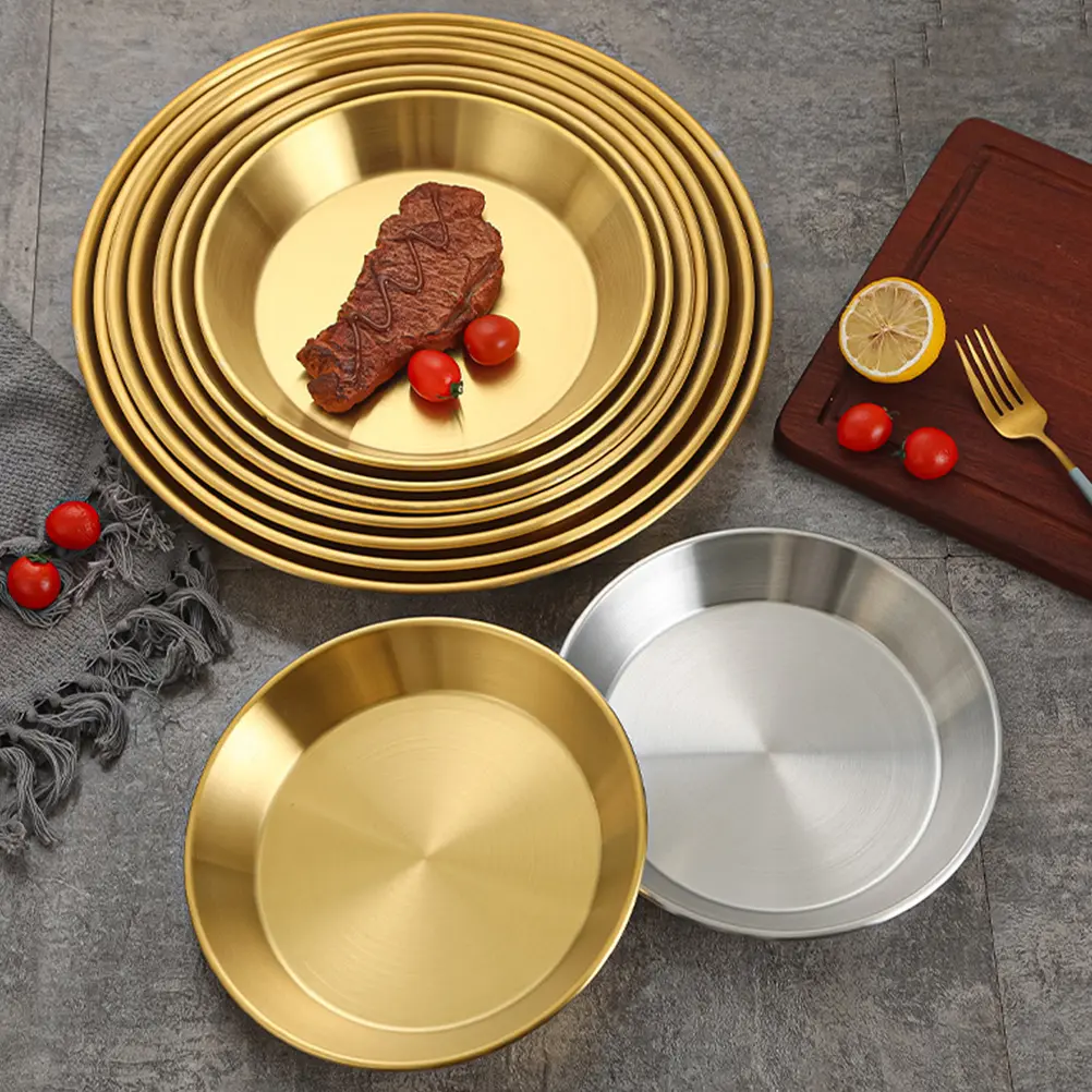 Stainless Steel Pizza Pan Dinner Plates Food Dish Serving Large Round Golden Pate Child Storage Easy Clean