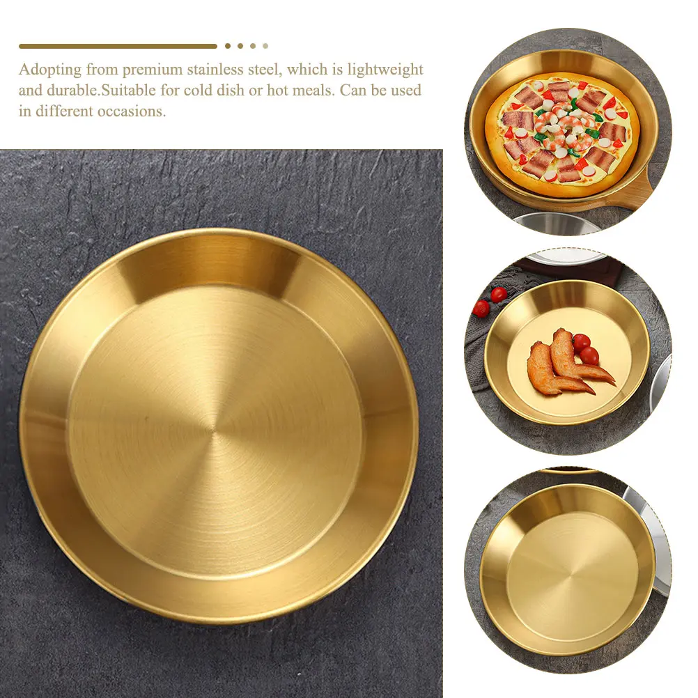 Stainless Steel Pizza Pan Dinner Plates Food Dish Serving Large Round Golden Pate Child Storage Easy Clean