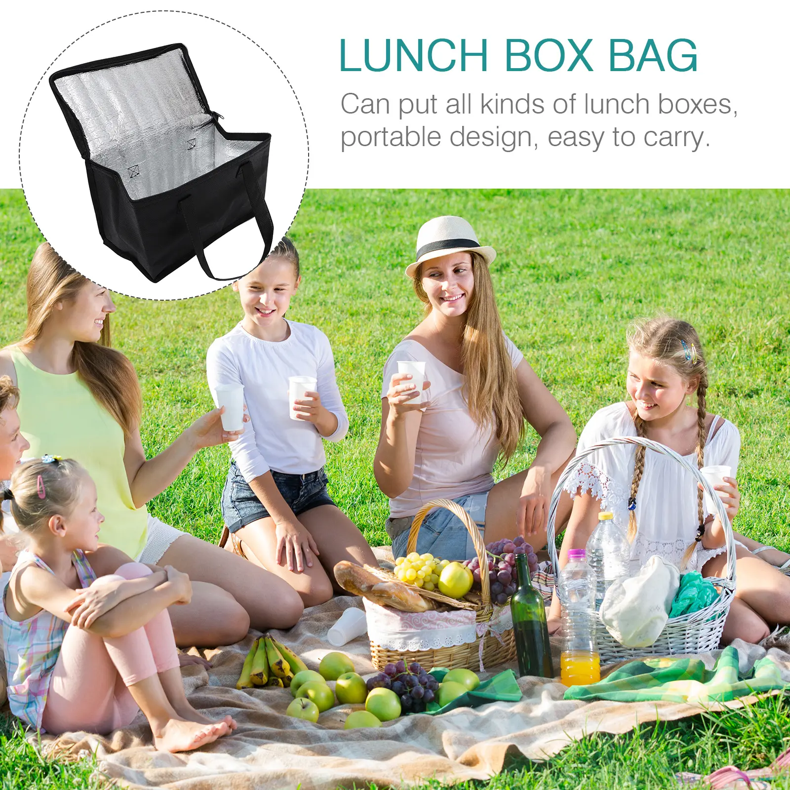 2pcs Thermal Bags Large Capacity Insulation Portable Lunch Box Bag Black Non-woven Food Storage Keeps Warm Cold