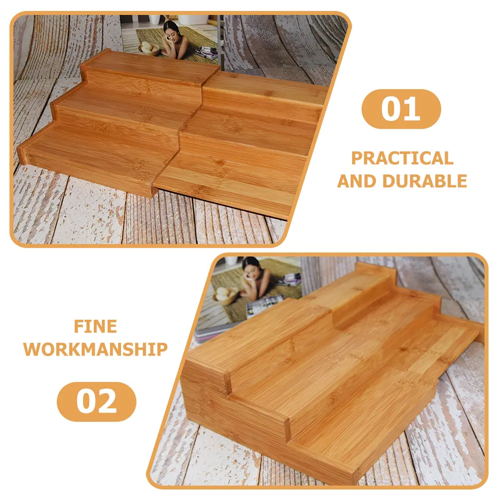 Bamboo Spice Rack 3-Tier Small Expandable Kitchen Organizer Countertop Cabinet Shelf Storage Telescopic Household