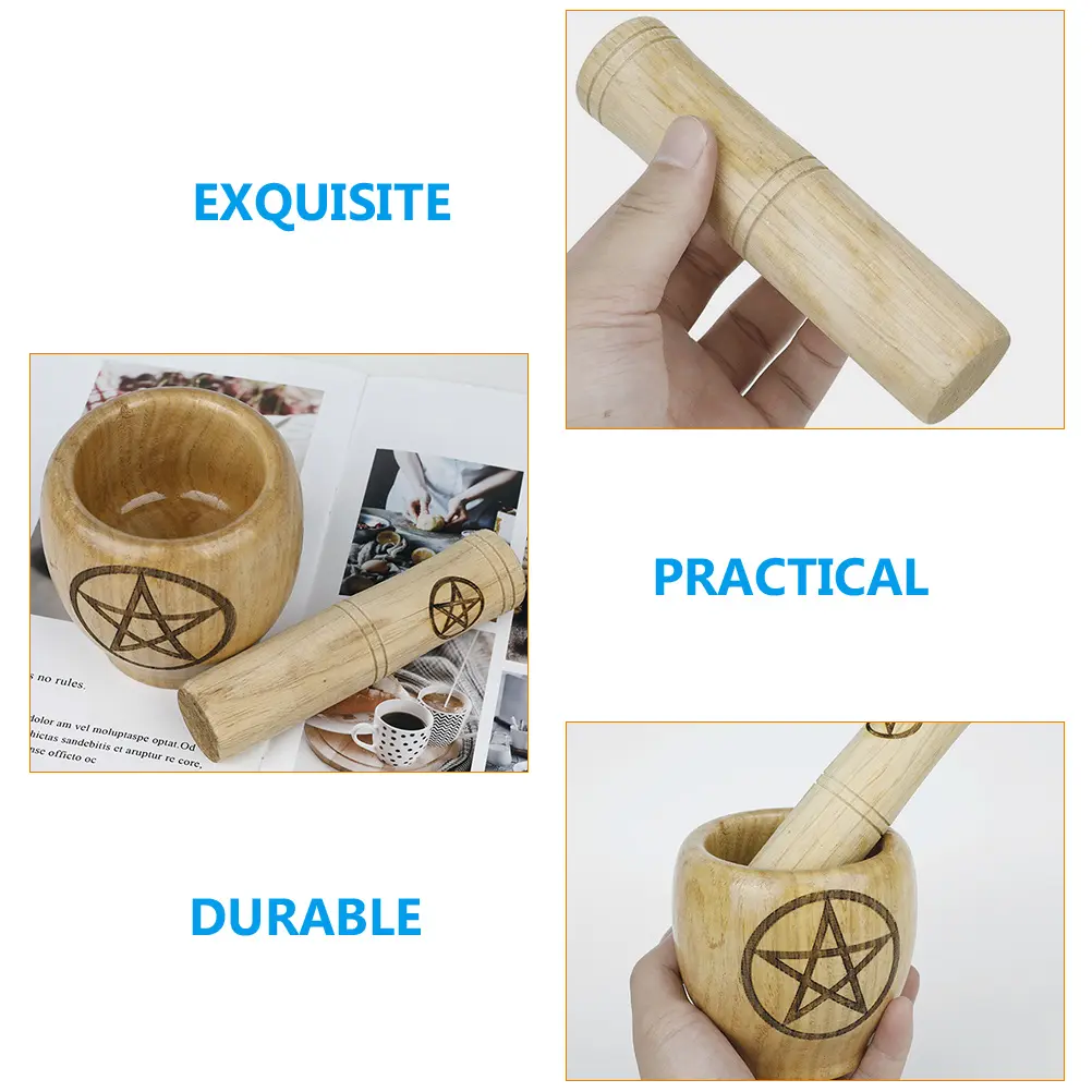 Wooden Mortar Pestle Potion Crush Pot Kitchen Spices Bowl Household Medicine Tool Garlic