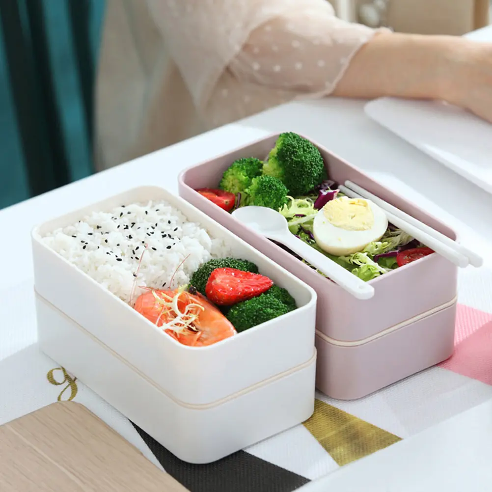 Portable Double Layer Lunch Box Bento Food Container Premium Plastic Student Office Picnic Storage Carry Bag Reusable for School